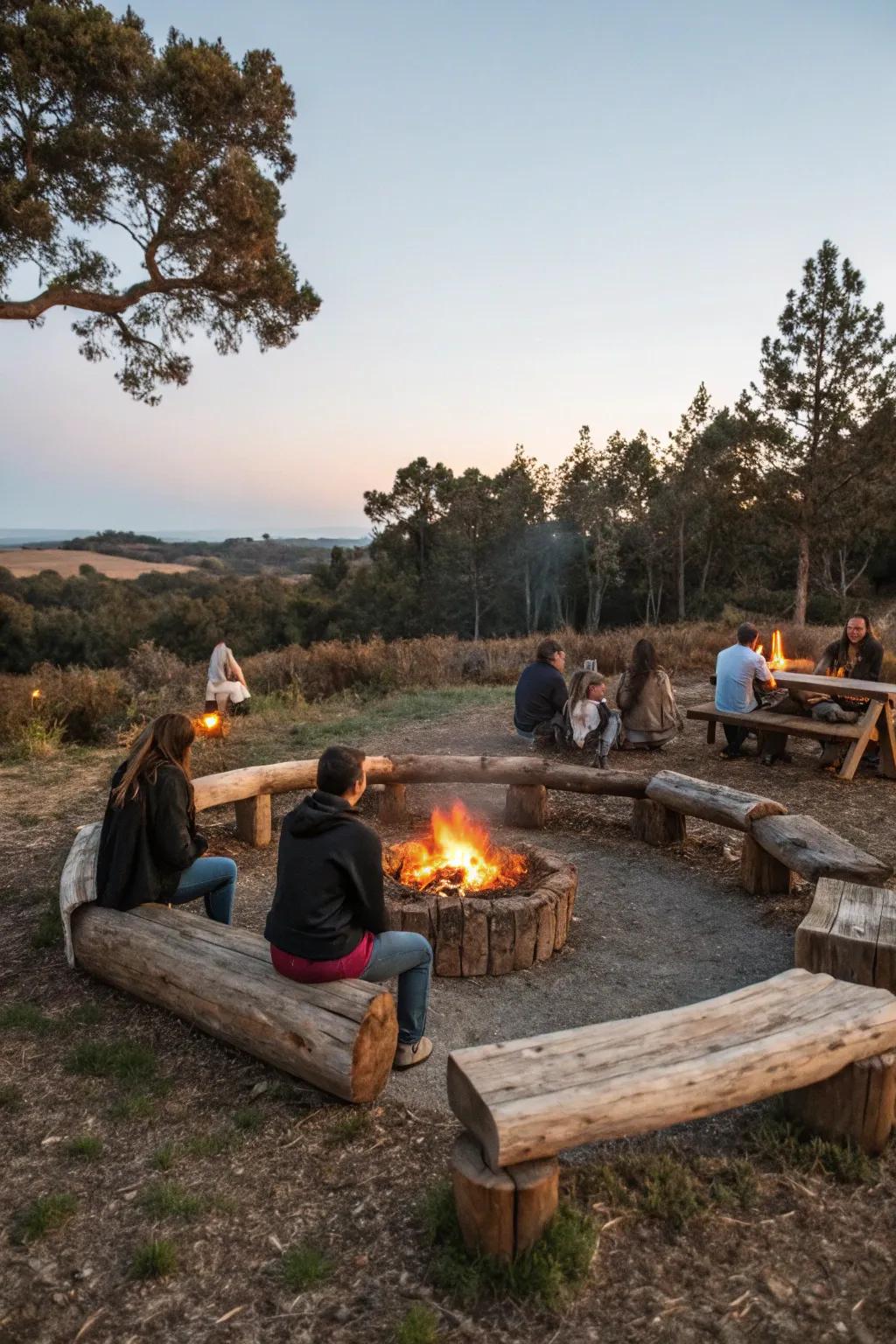 Rustic charm with handcrafted log benches.