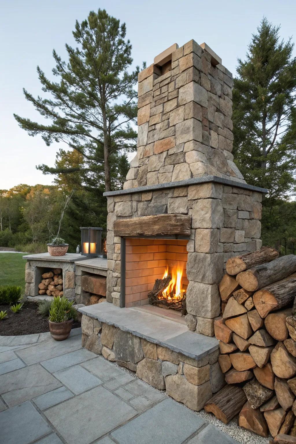 An outdoor fireplace that creatively mixes stone and wood for a rich visual texture.
