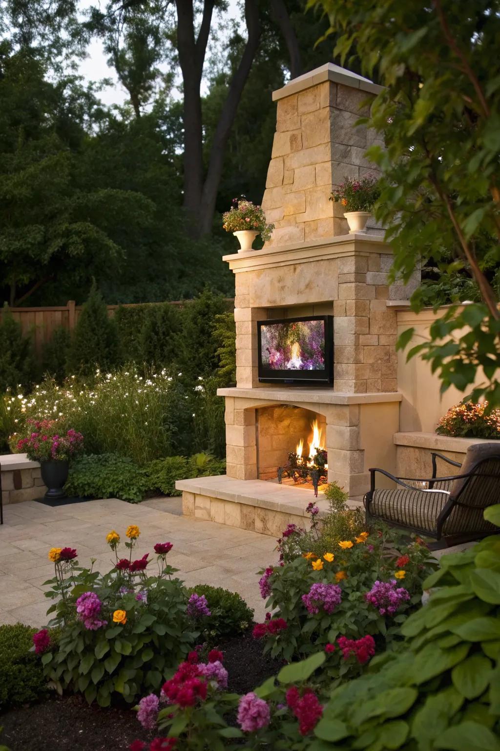 A garden oasis with a fireplace and TV for a serene outdoor escape.