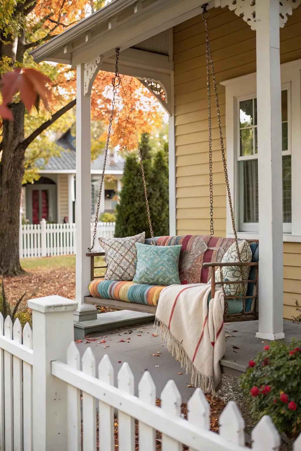 A porch swing provides a nostalgic and relaxing spot to unwind.