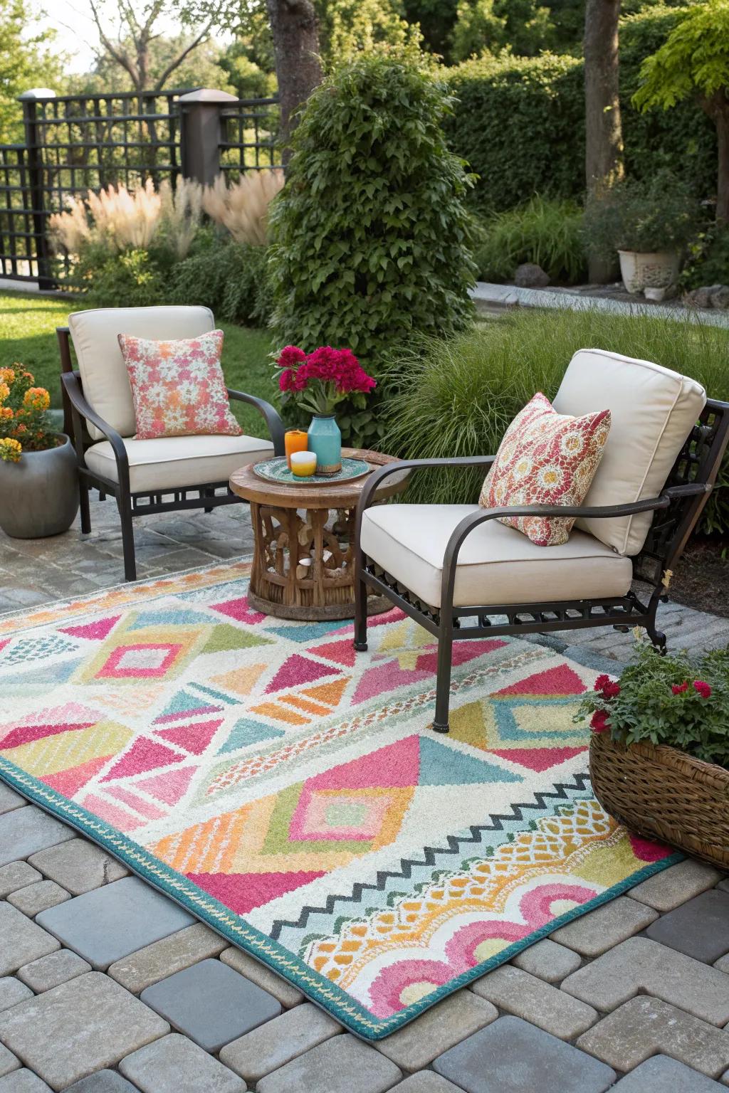 A stylish outdoor rug defining the seating area