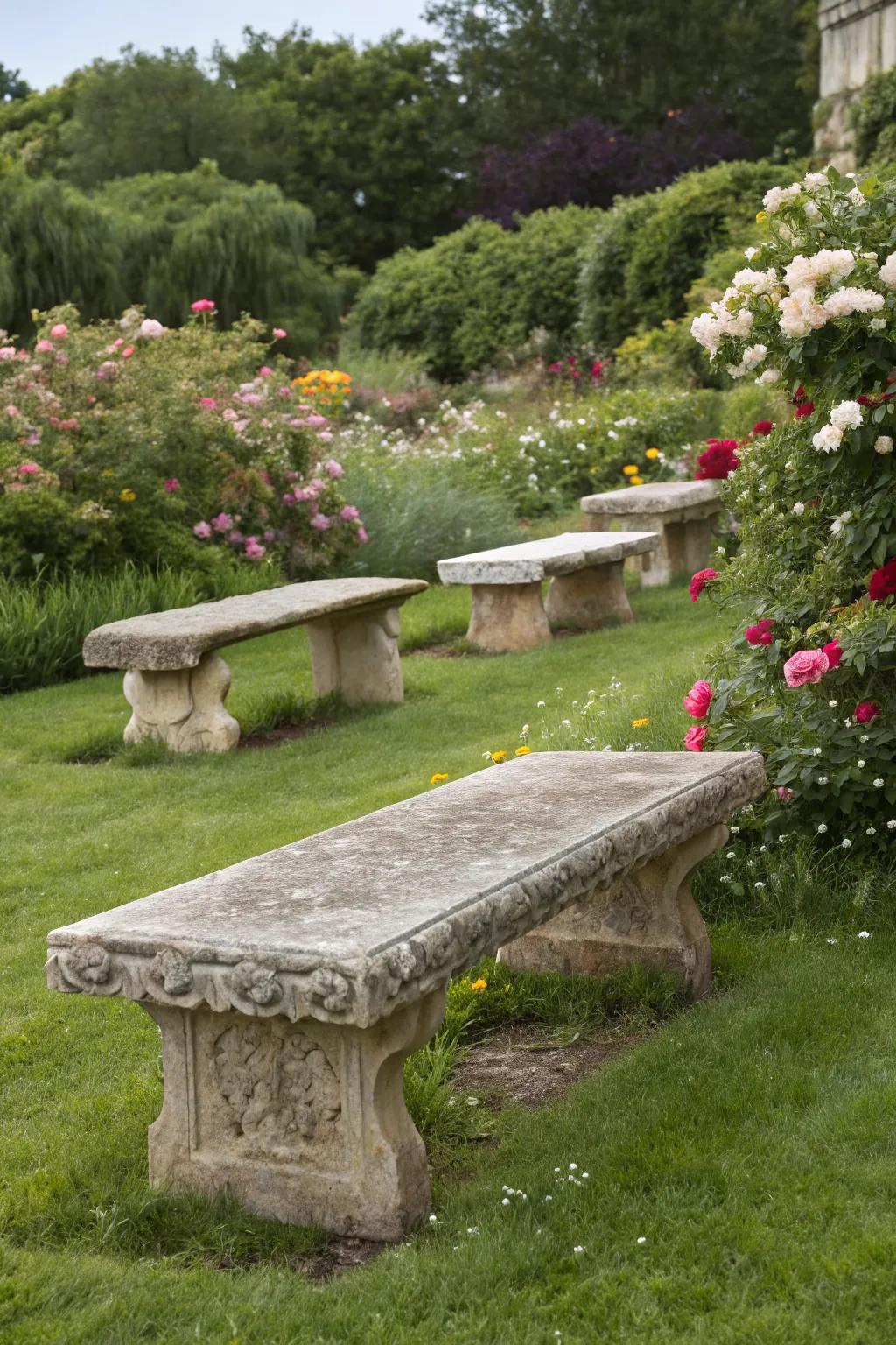 Sturdy stone benches complementing the natural environment.