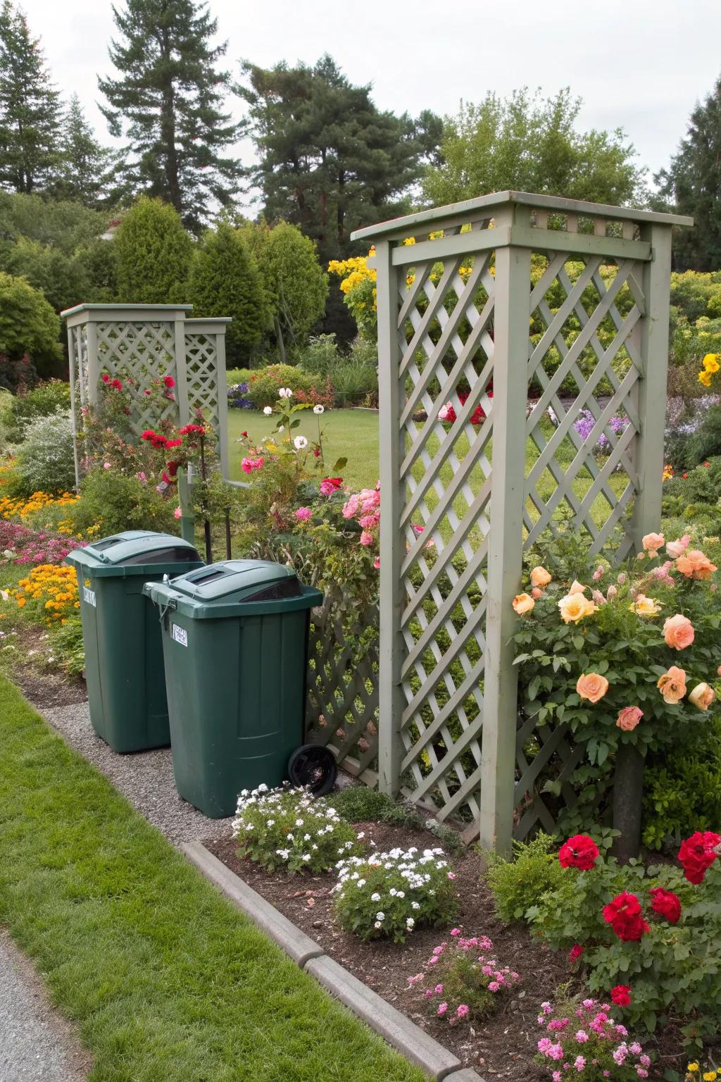 A lattice screen providing an elegant solution for hiding garbage bins in a floral garden.