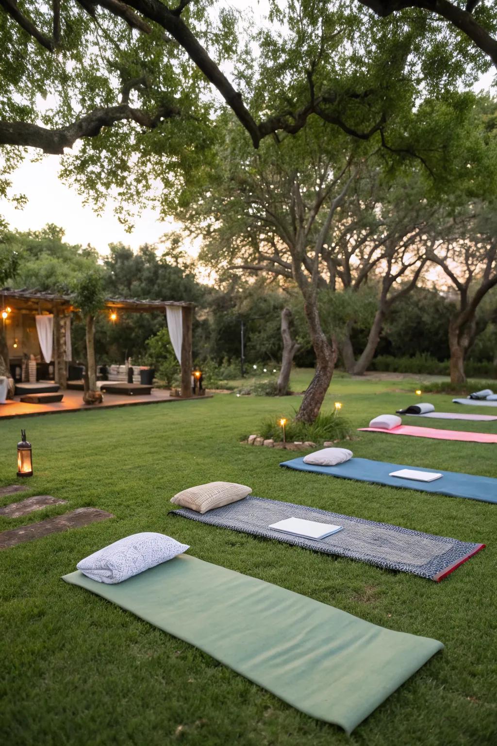 An outdoor yoga retreat offers a peaceful space for relaxation and exercise.