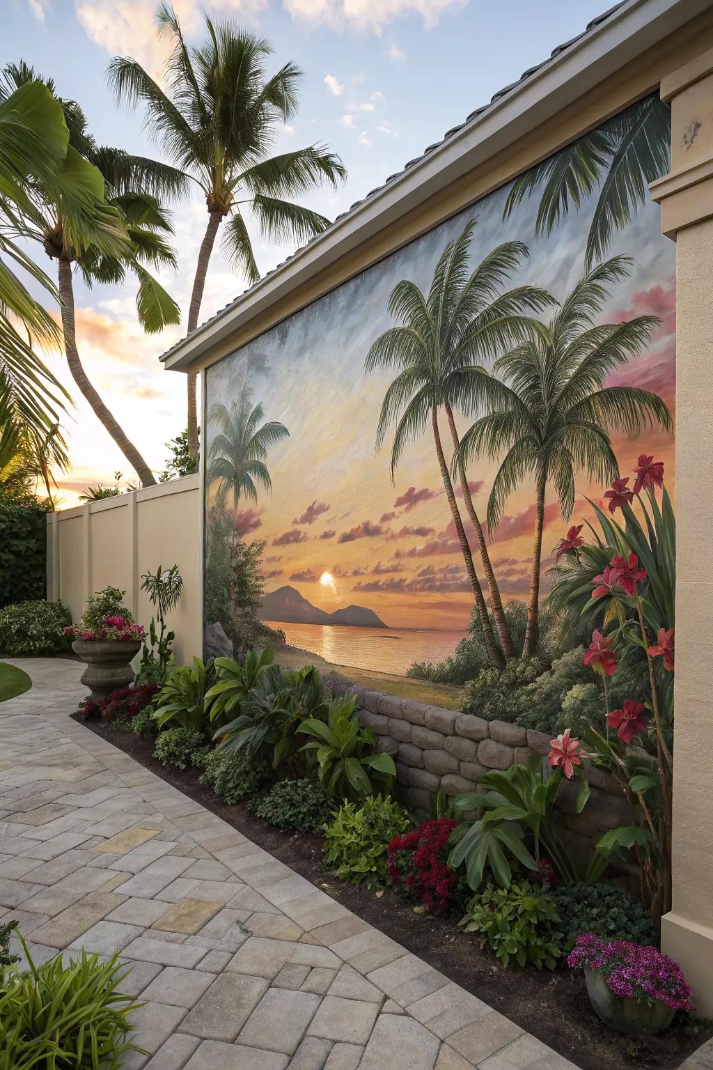A tropical escape mural brings an island vibe to your backyard.