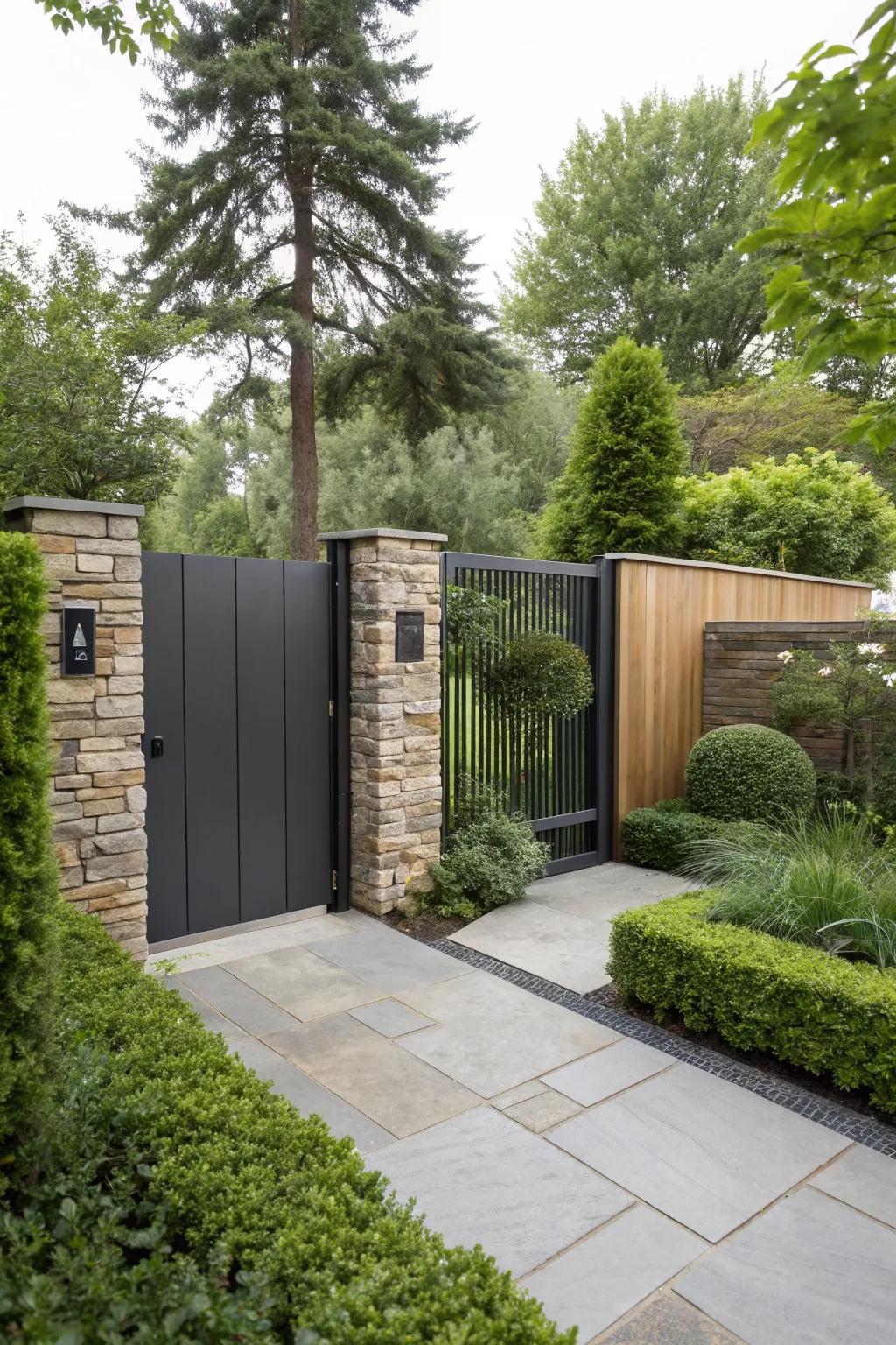Modern nature fusion gates blend sleek design with natural elements.