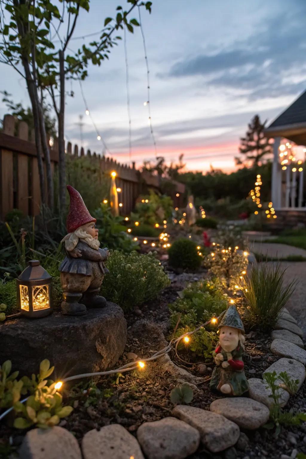 Solar lights add a magical ambiance to your gnome garden at night.