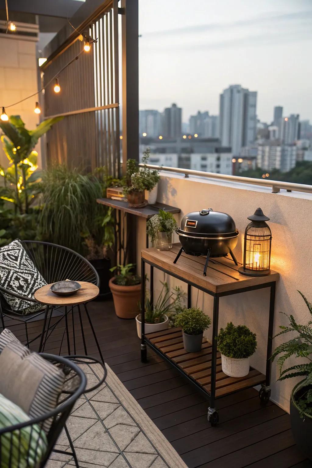 Maximize your balcony space with a compact grill table.