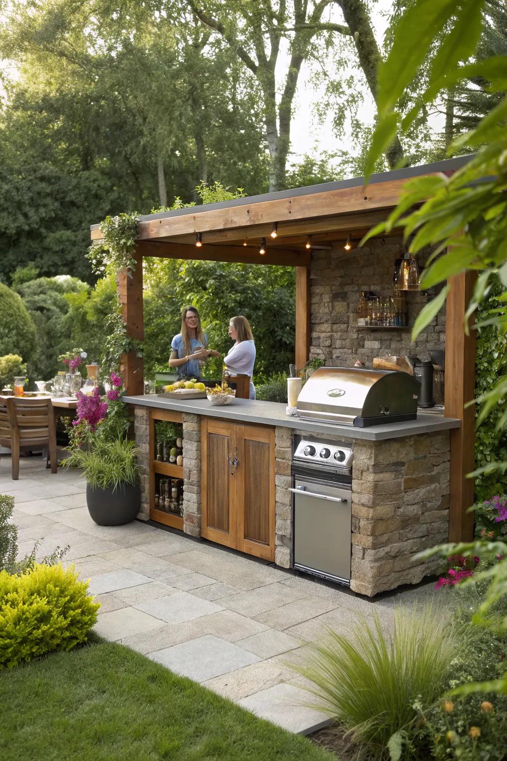 Outdoor island bar with built-in appliances.