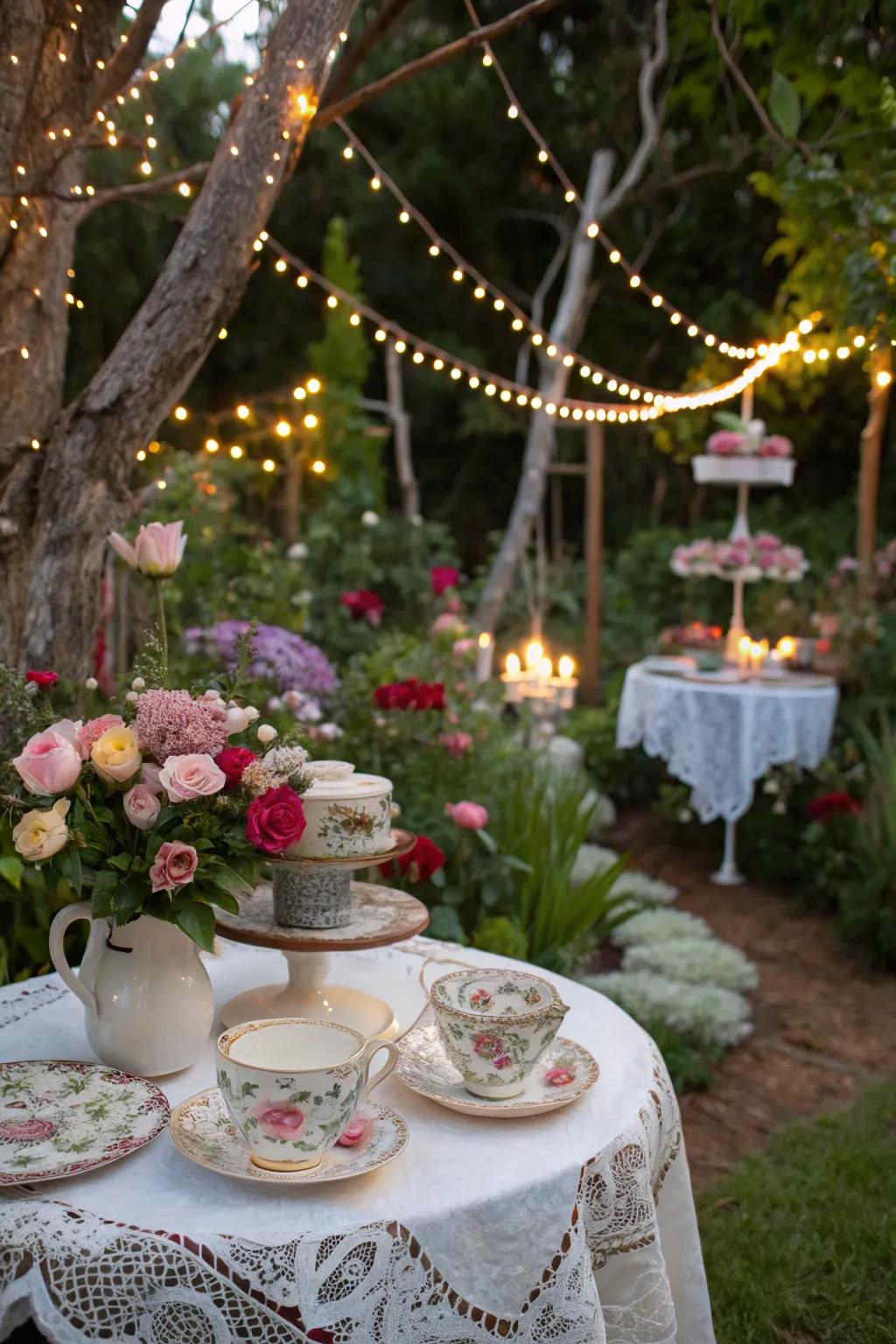 A magical fairy tale tea party in a garden setting.