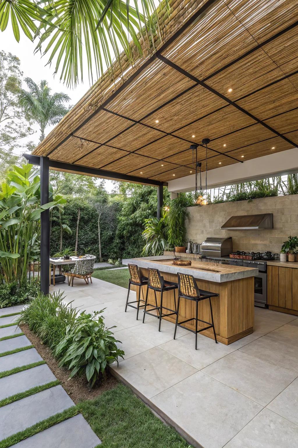 A bamboo ceiling adds a natural and eco-friendly touch to this outdoor kitchen.