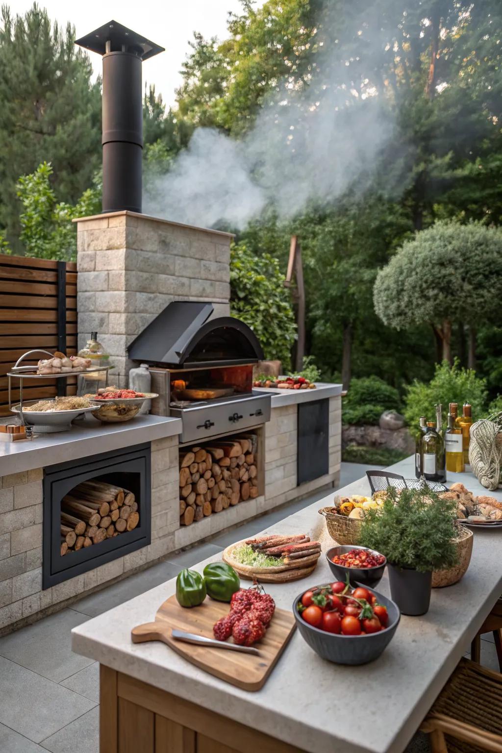 A versatile outdoor kitchen with a fireplace, grill, and smoker, perfect for culinary enthusiasts.