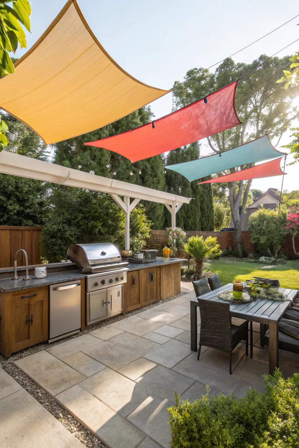 Canvas sail shades provide stylish and adjustable coverage.
