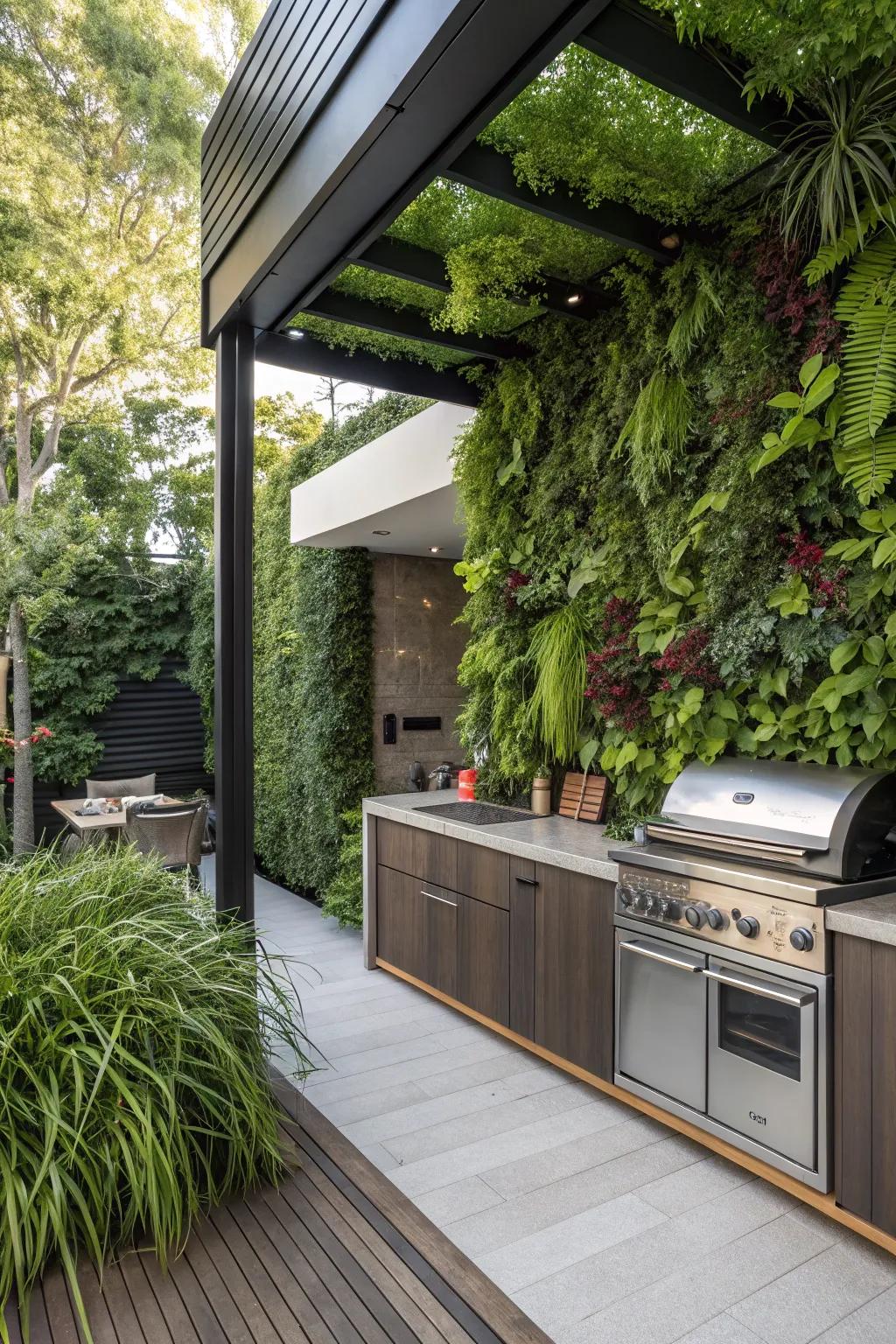 Vertical gardens turn outdoor kitchen siding into a living, breathing wall.