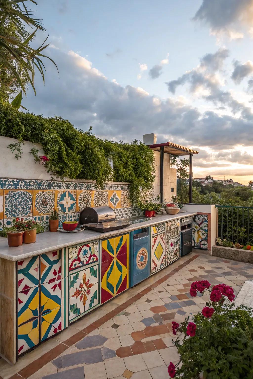 Artistic geometric tiles transforming an outdoor kitchen into a vibrant masterpiece.