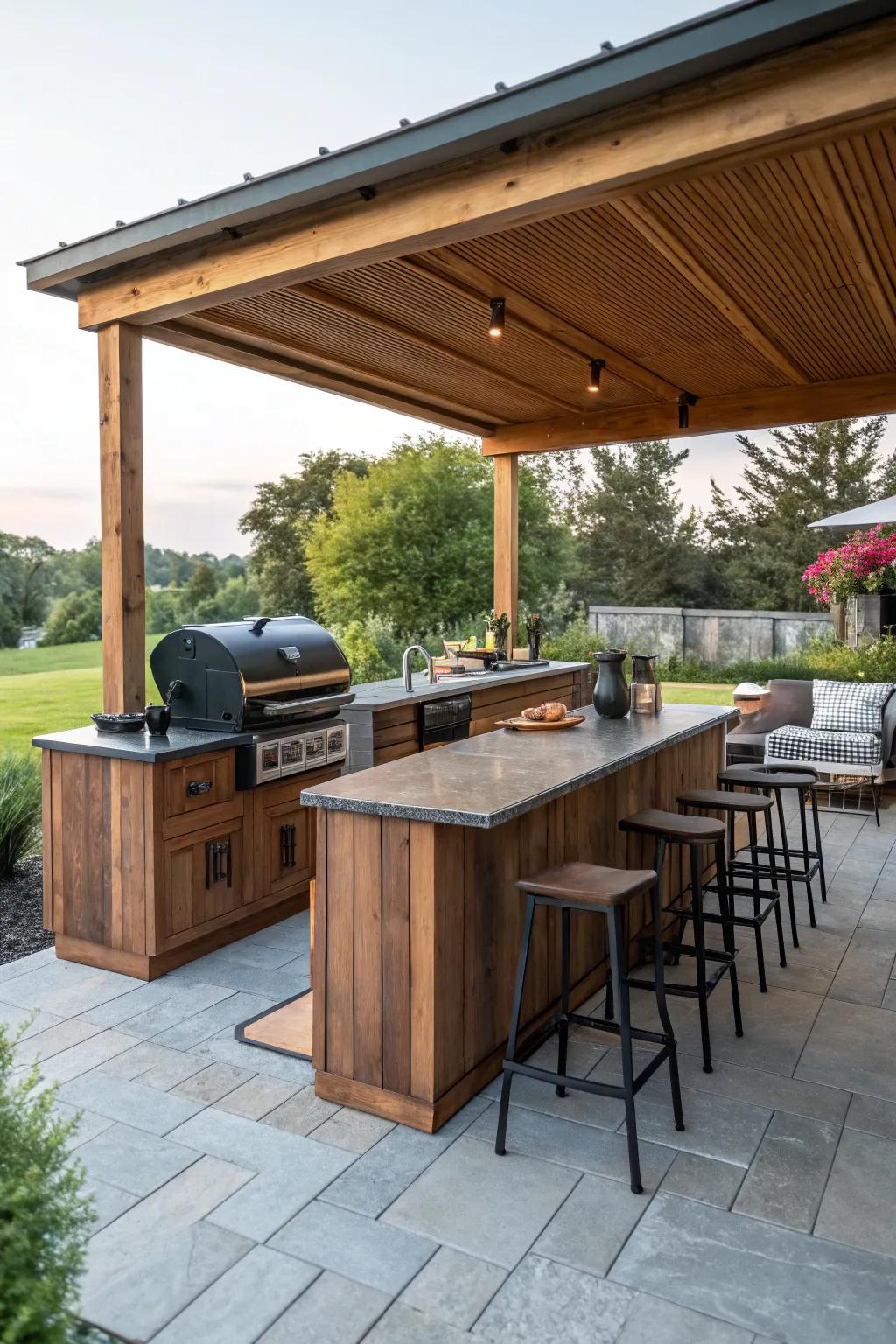 Outdoor kitchen with a bar area for entertaining guests.