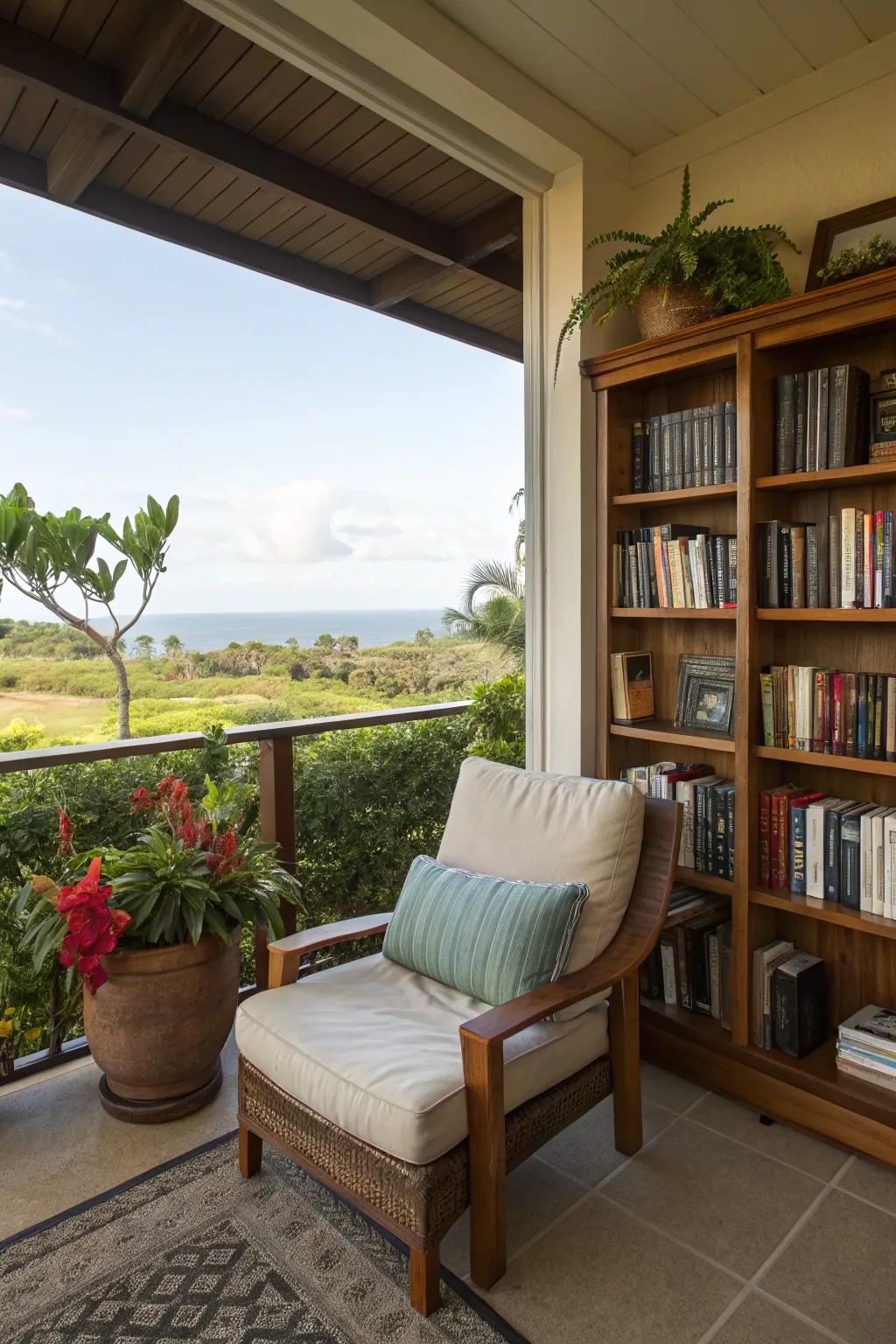 A reading nook offers a cozy escape.