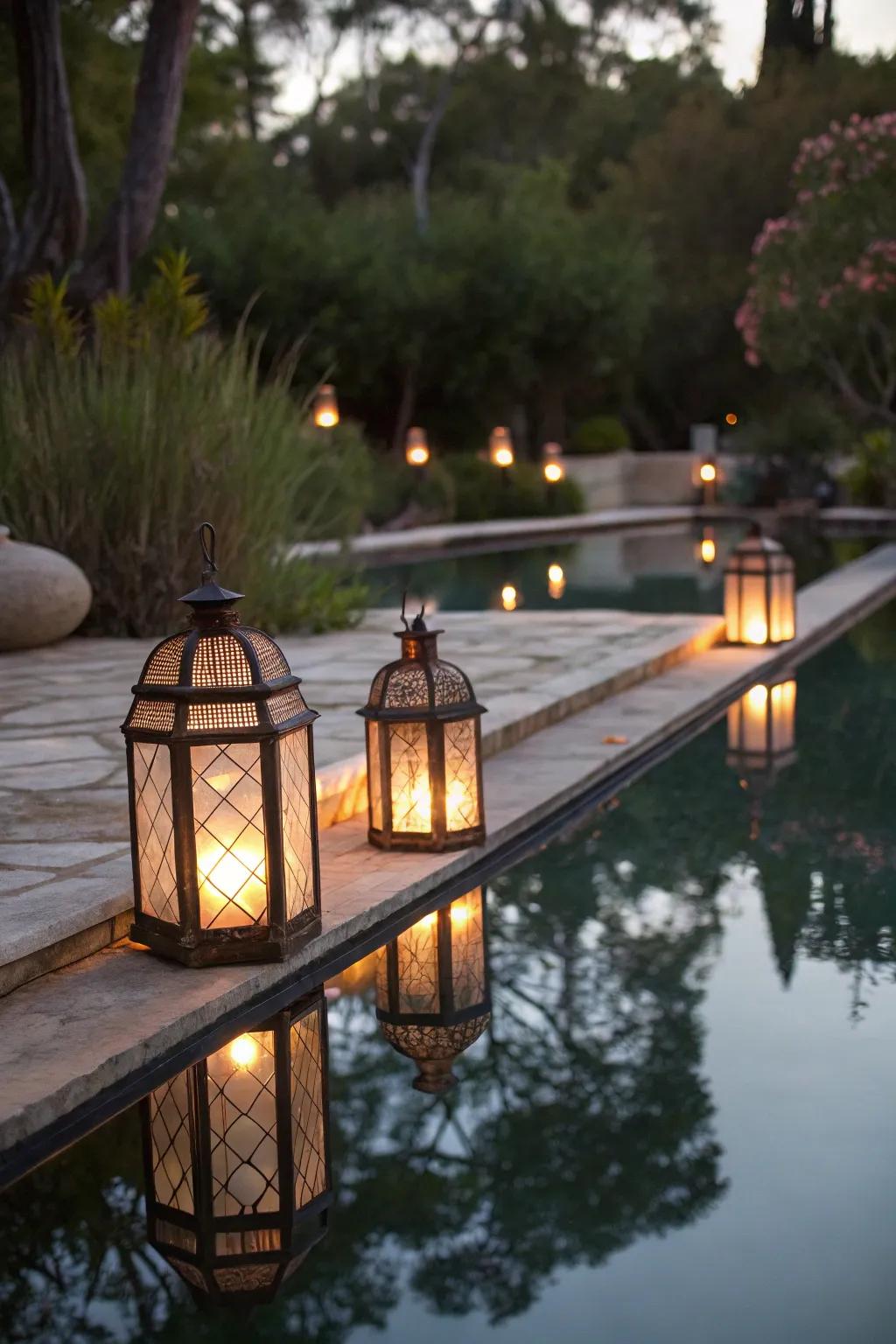 Enhance water features with reflective lanterns.