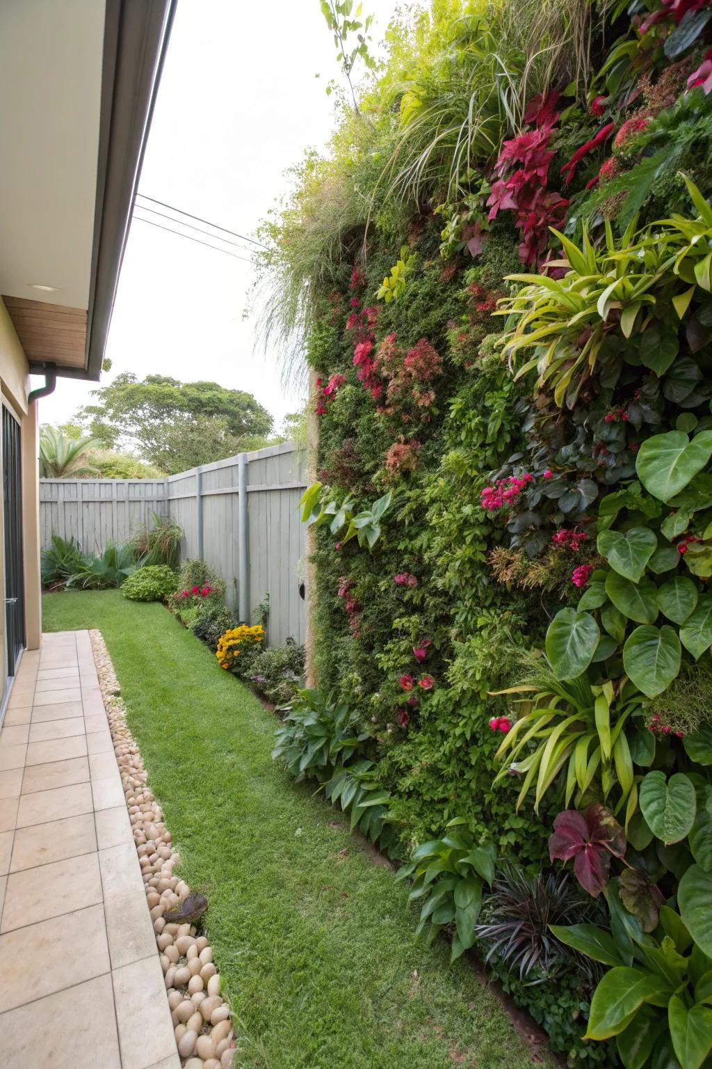 A vertical garden adds greenery and privacy to compact spaces.
