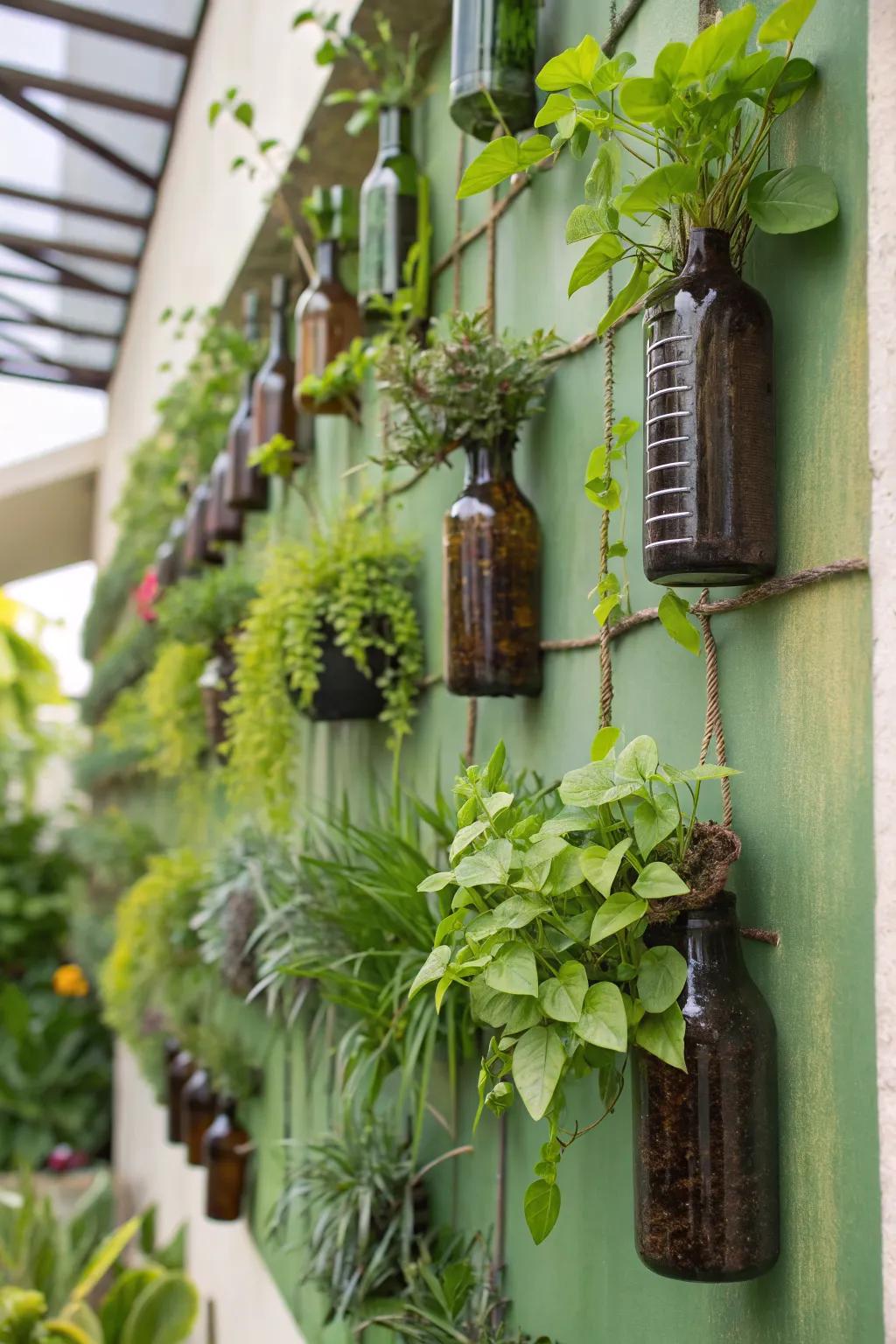 A quirky bottle garden brings charm and sustainability to living walls.