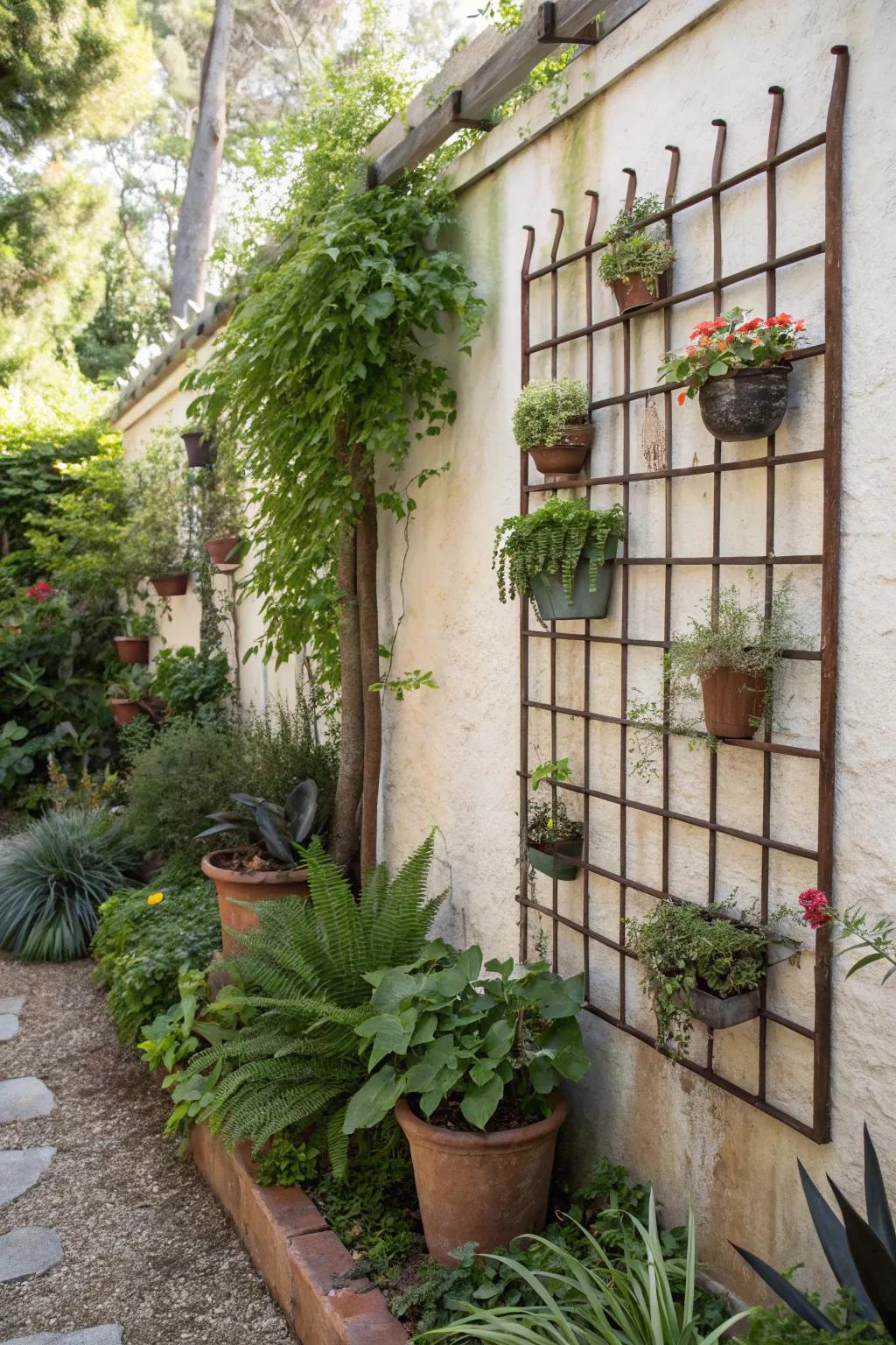 Vertical gardening with the hanging metal wall grid.