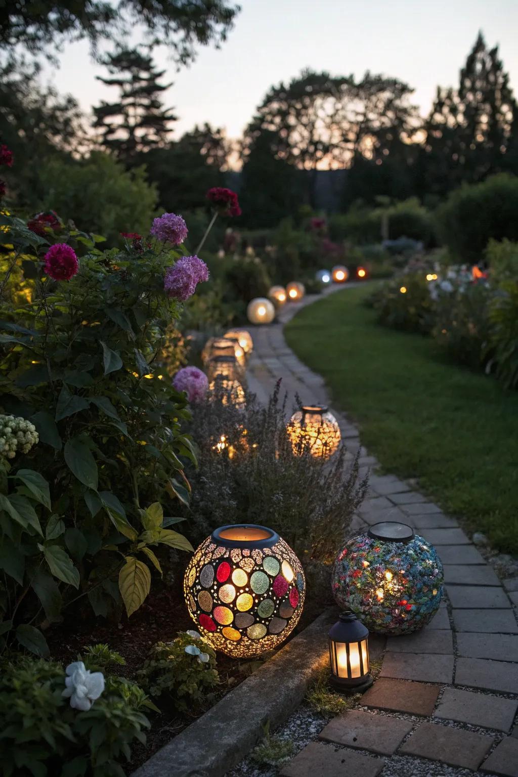 Enchanting mosaic lanterns that illuminate a garden with magical light.
