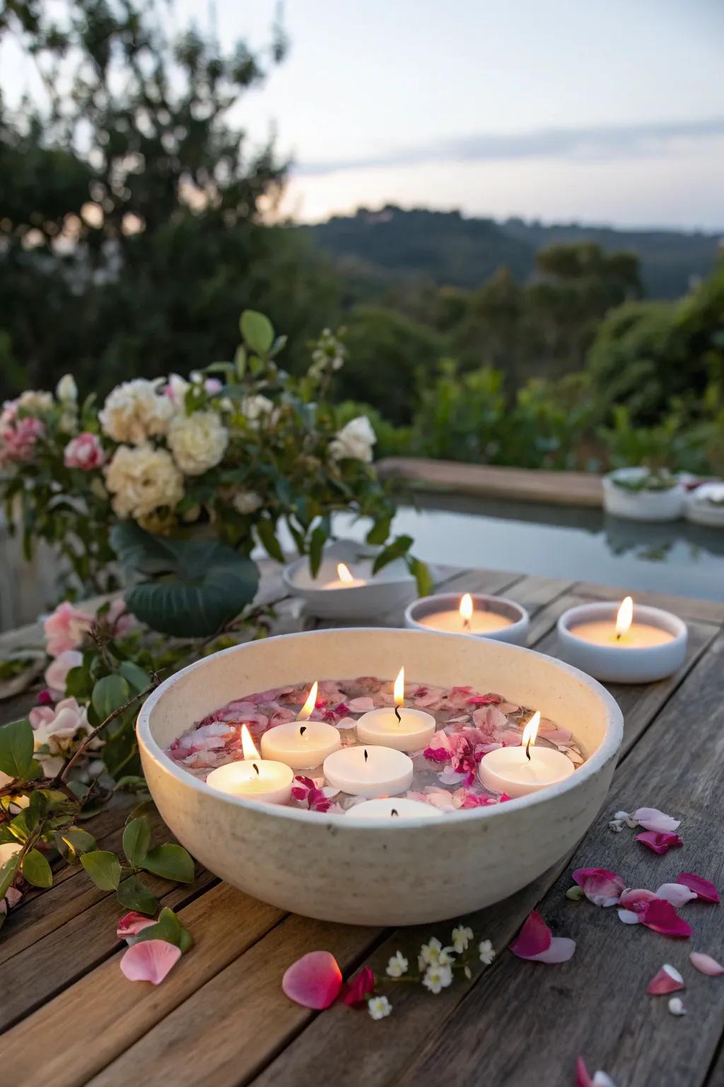 Floating candles and petals create a magical centerpiece.