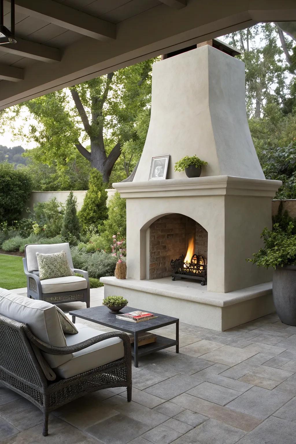 Smooth sophistication: a stucco fireplace for modern tastes.