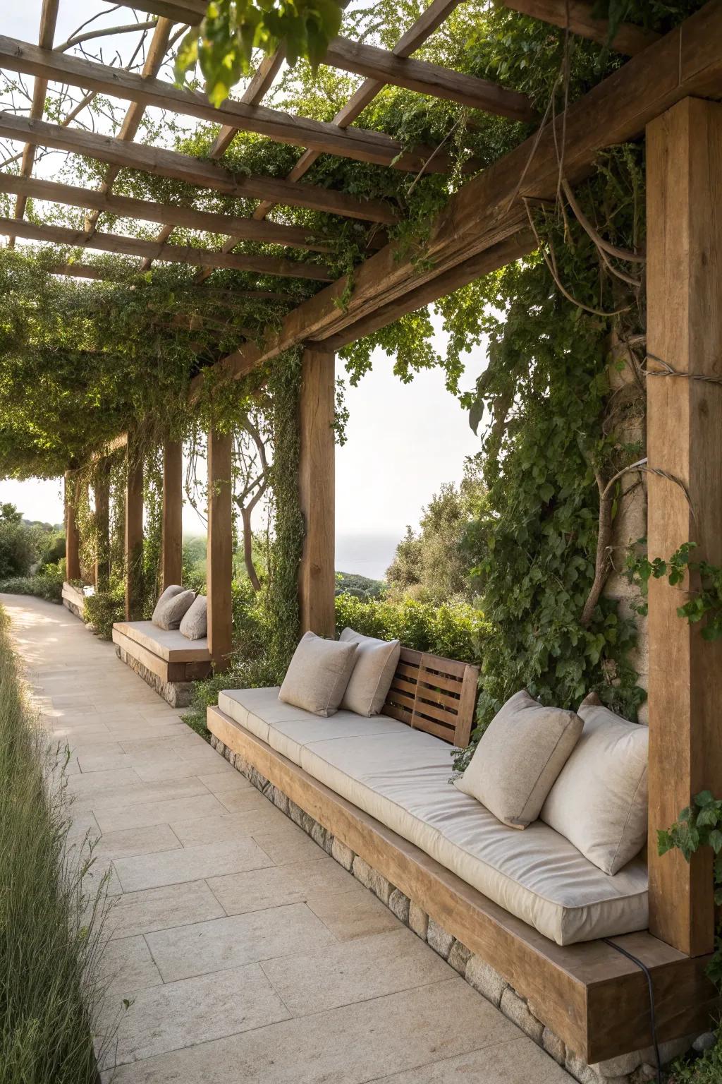 Built-in seating under the pergola optimizes space and comfort.