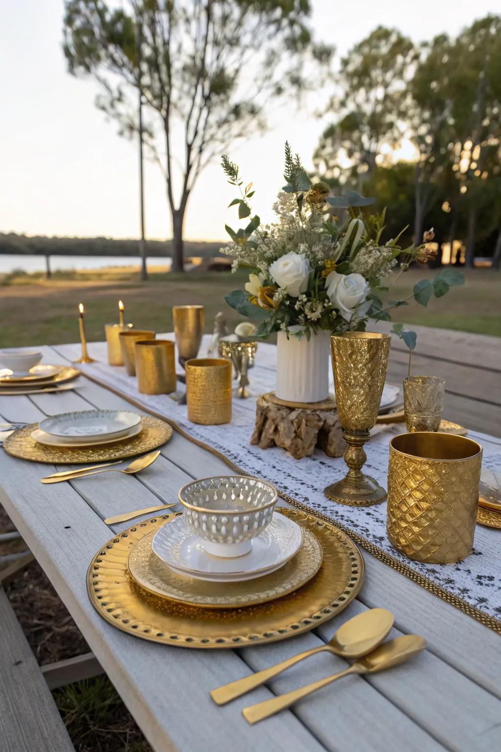 Monochromatic accessories create a sophisticated tablescape.
