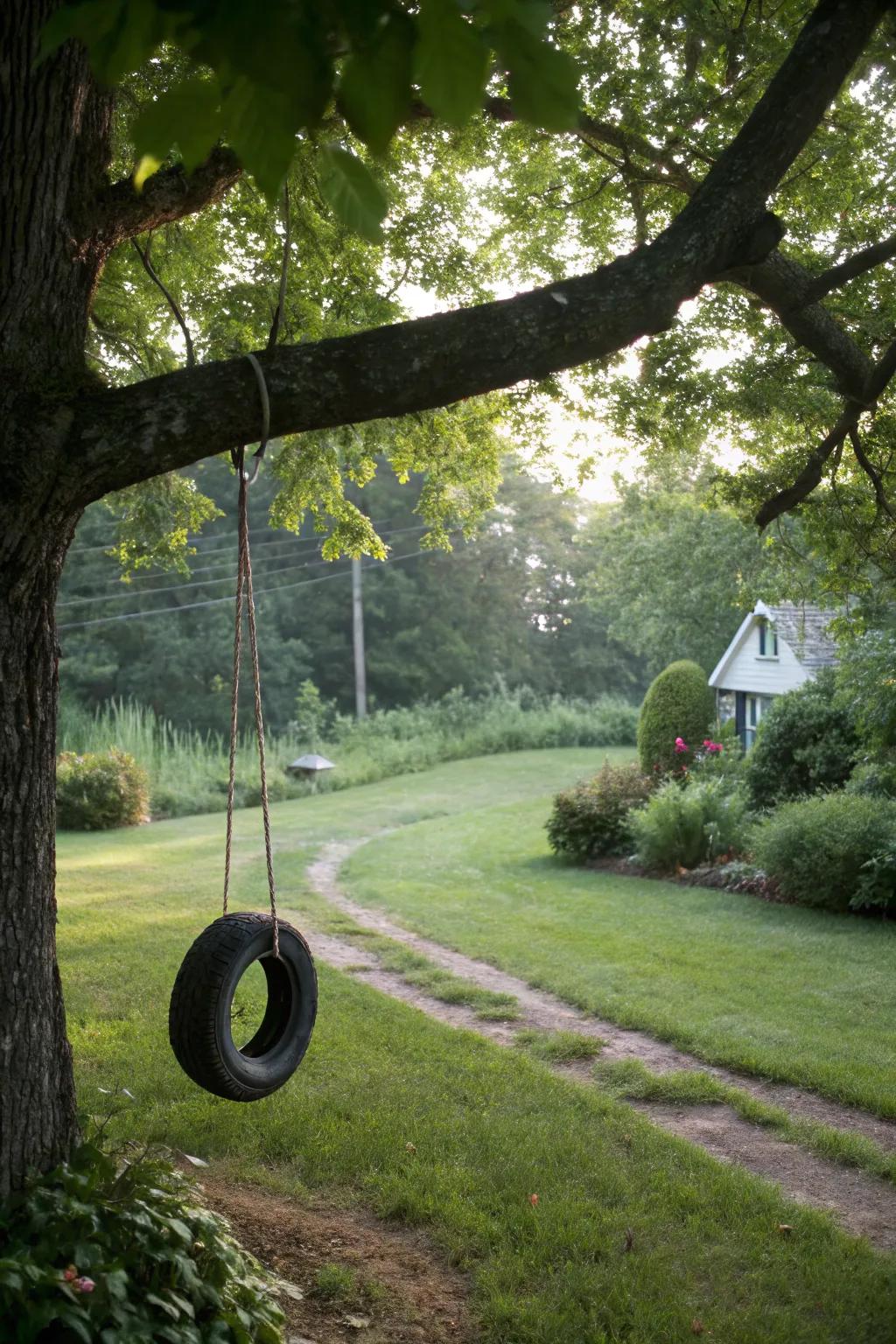 A tire swing adds nostalgic charm and fun to any backyard.