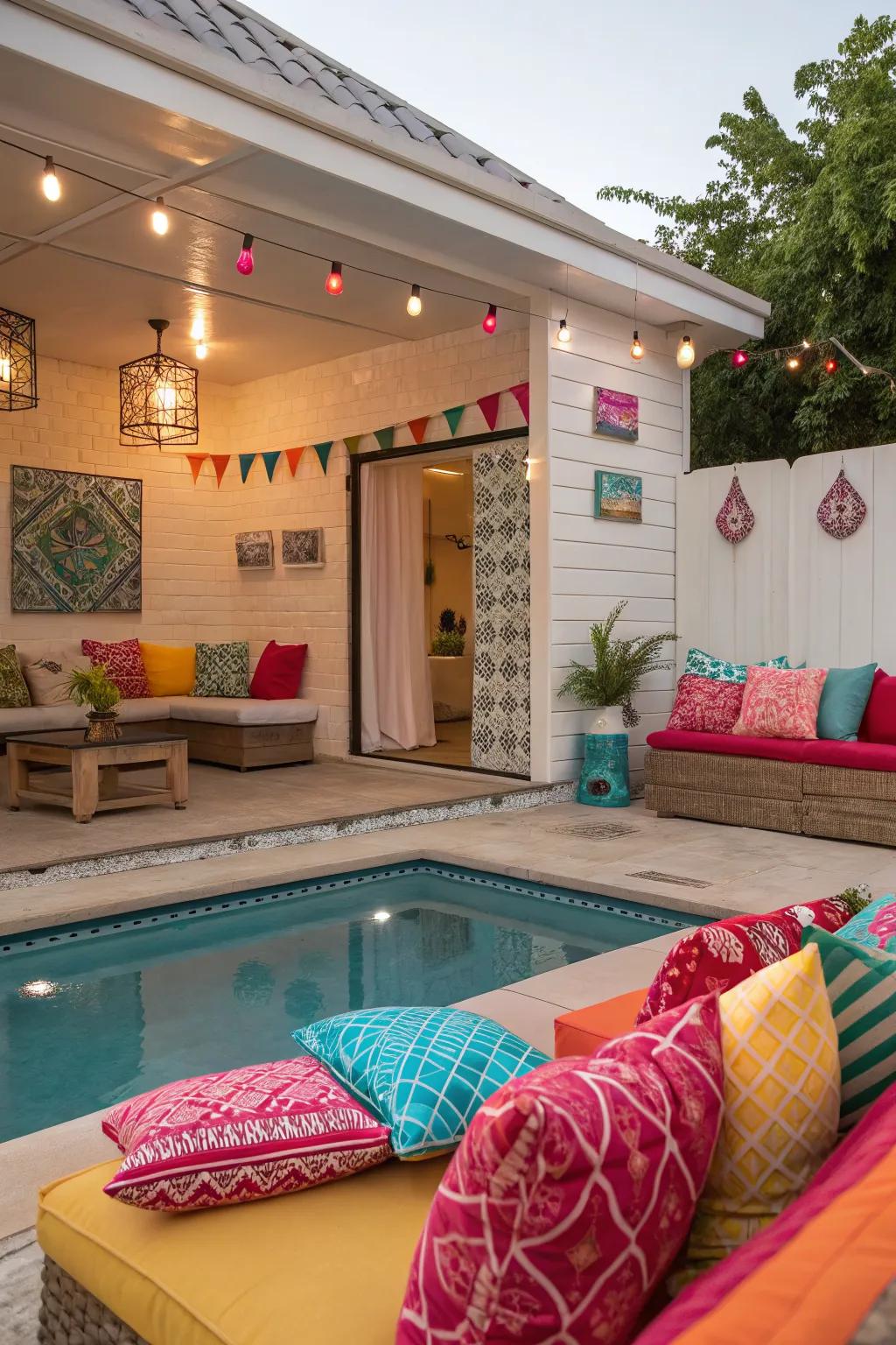 Vibrant color accents add personality and brightness to a pool house.