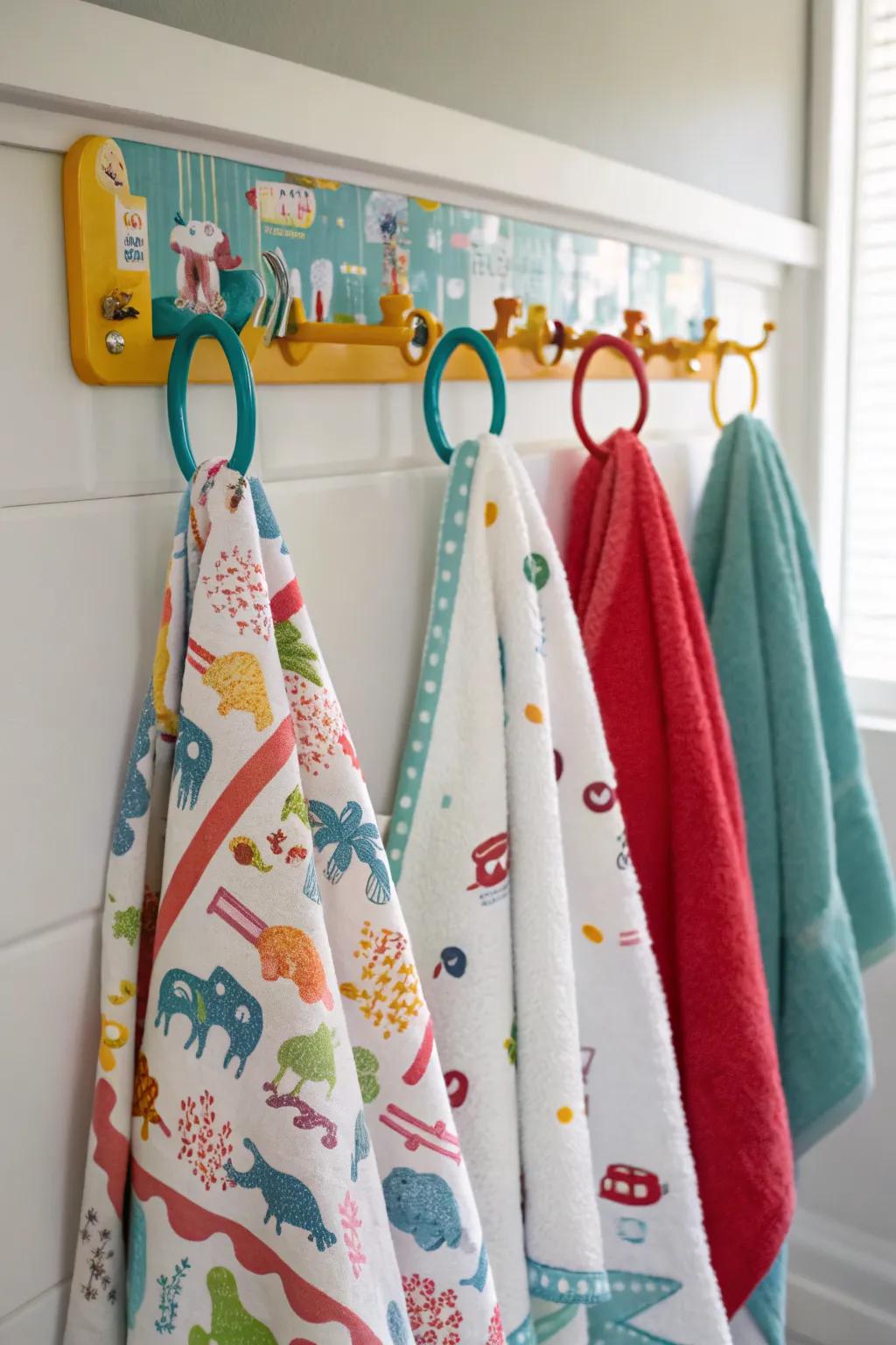 Kids' hook rails make towel hanging fun and personal.