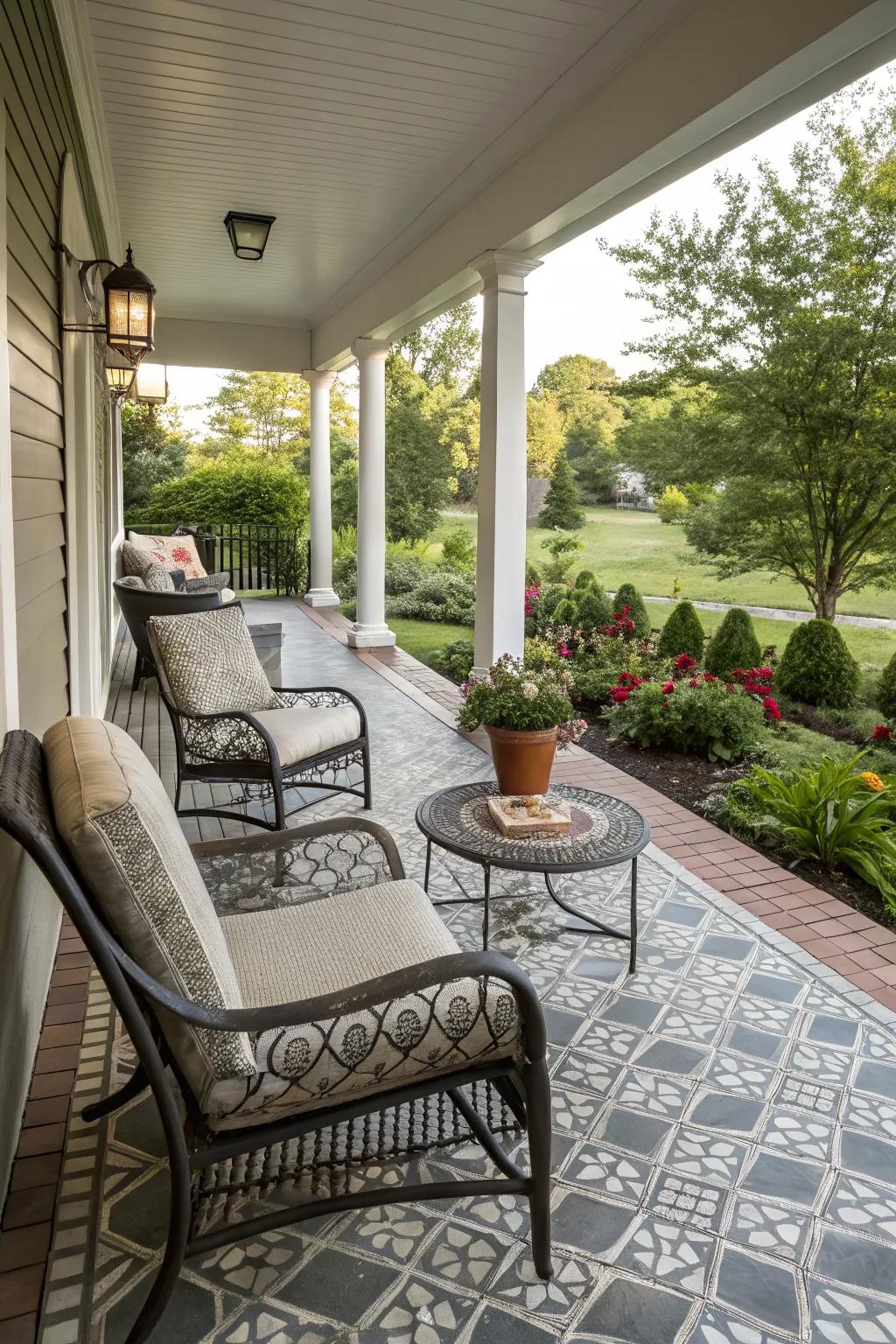Patterned pavers provide a striking visual element.