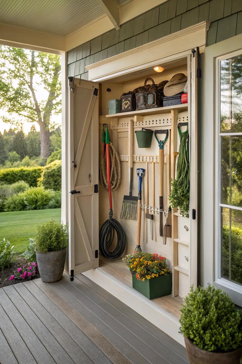 A wall-mounted cabinet keeps your porch organized and spacious.