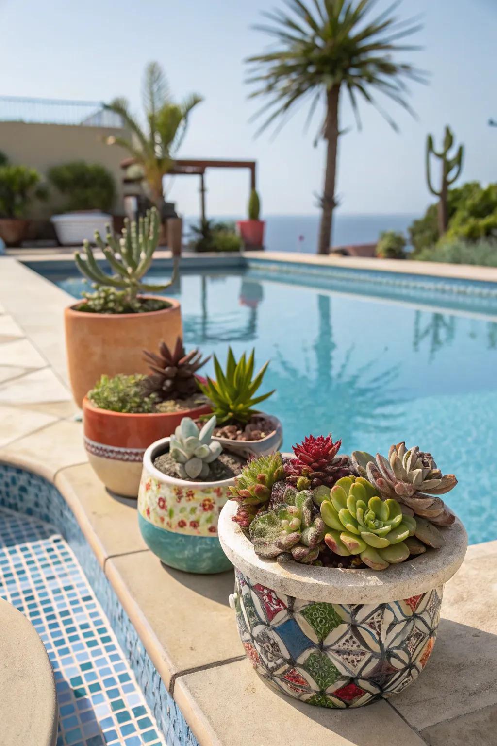 Unique succulents add character to poolside decor.
