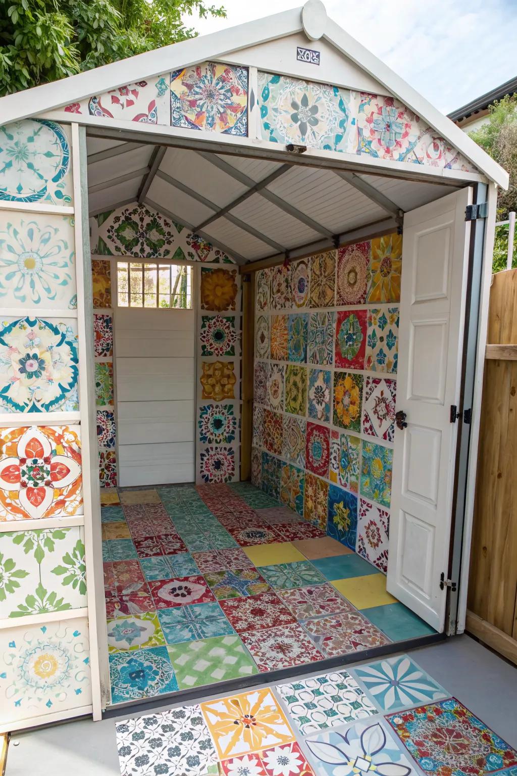 Peel & stick vinyl tiles add color and pattern to shed floors