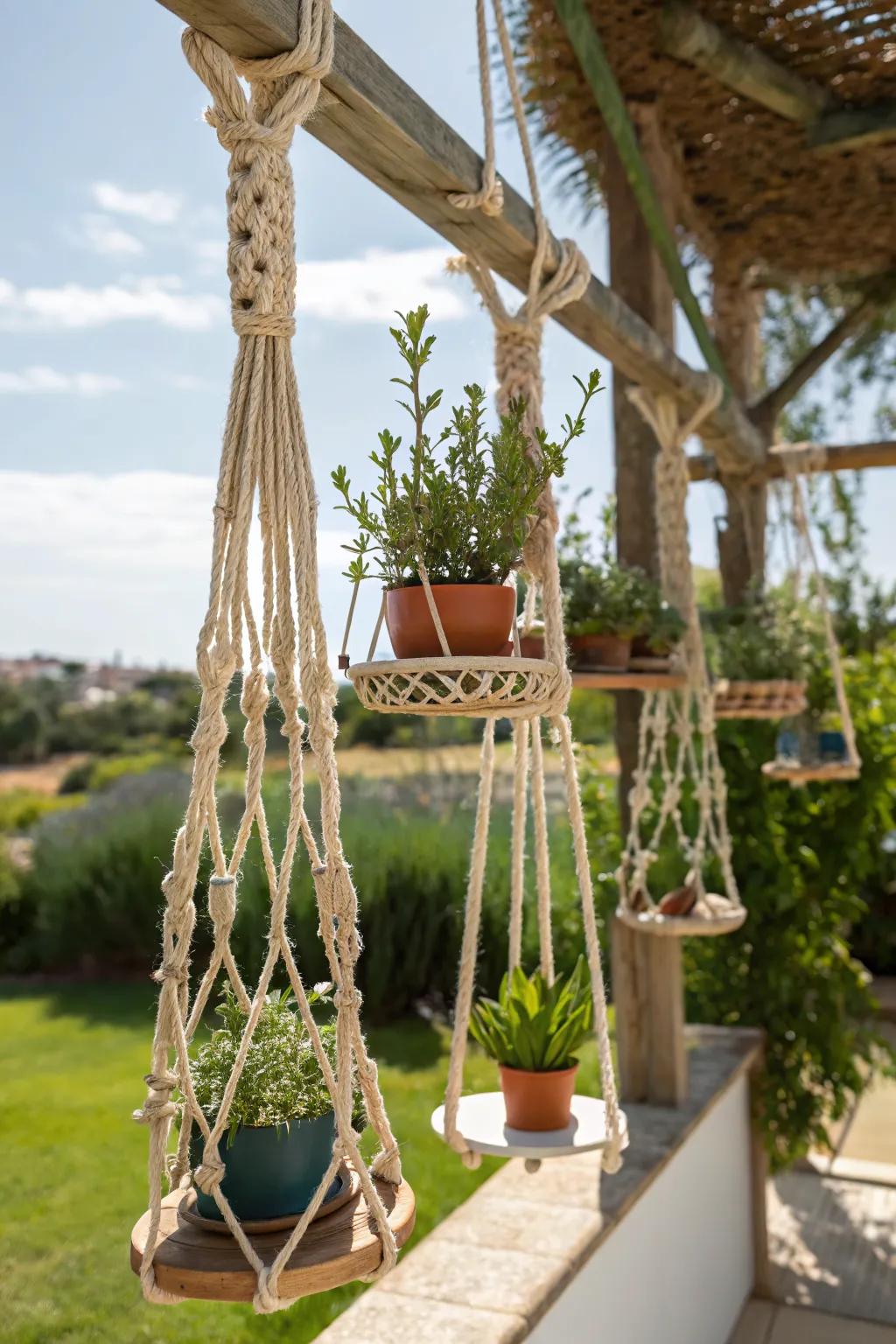 Macramé hanging shelves bring a bohemian vibe to outdoor settings.