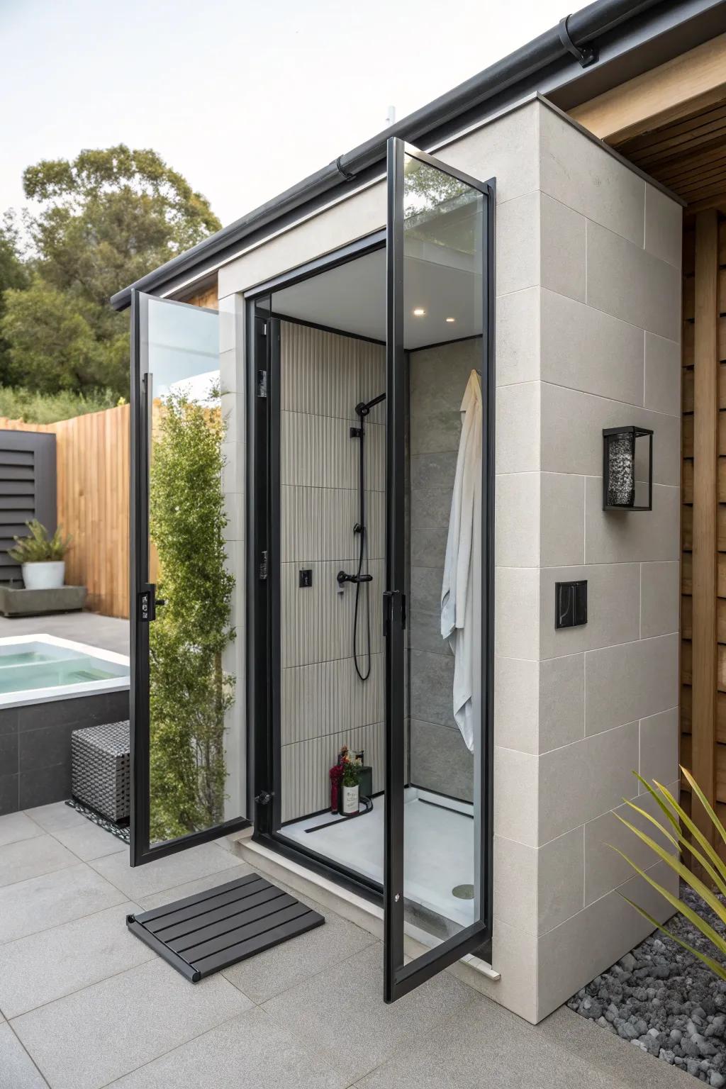 A space-saving outdoor shower with bi-folding doors, ideal for compact spaces.