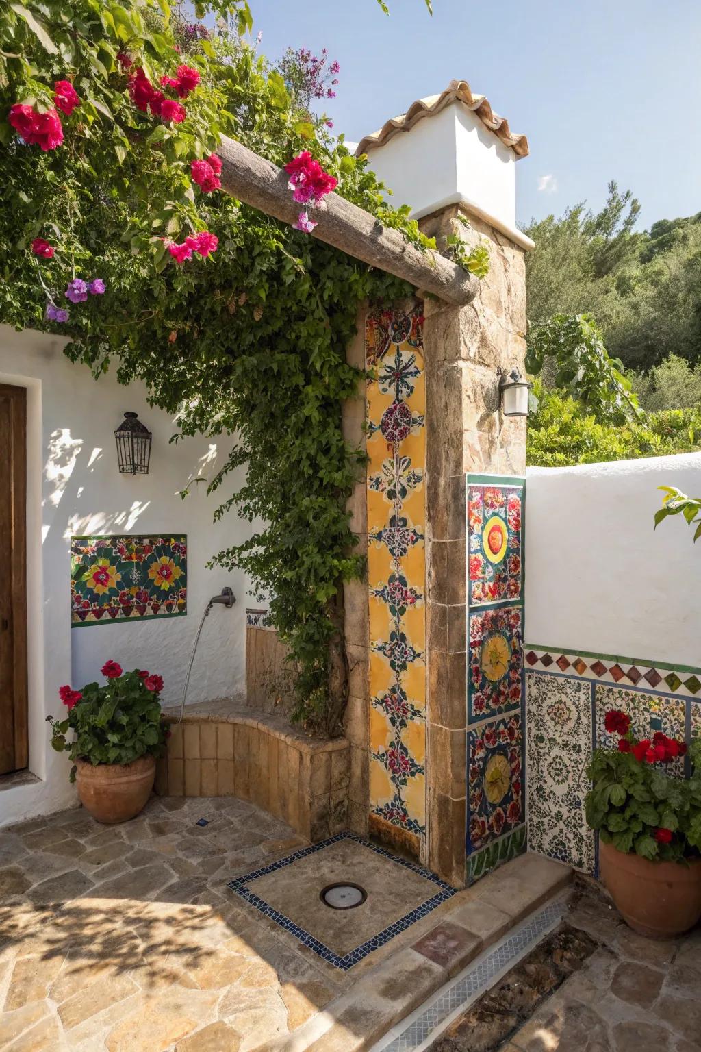 Mediterranean escape outdoor shower enclosure.