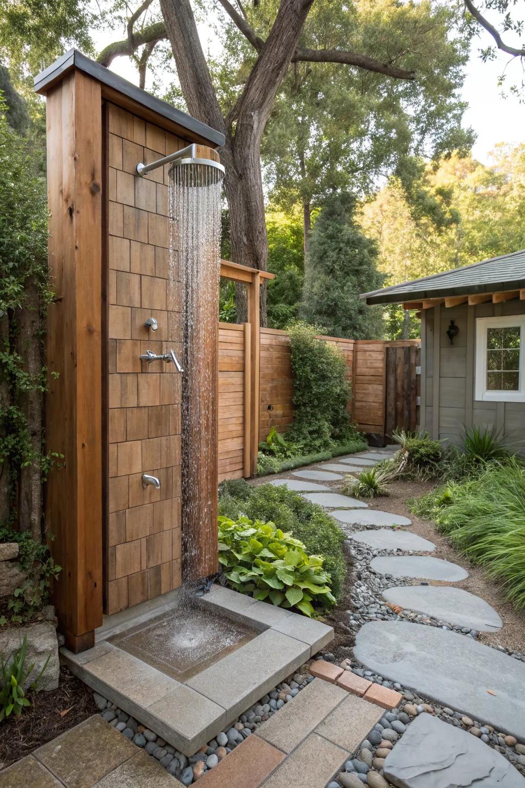 An eclectic outdoor shower with a mix of wood and tile materials.