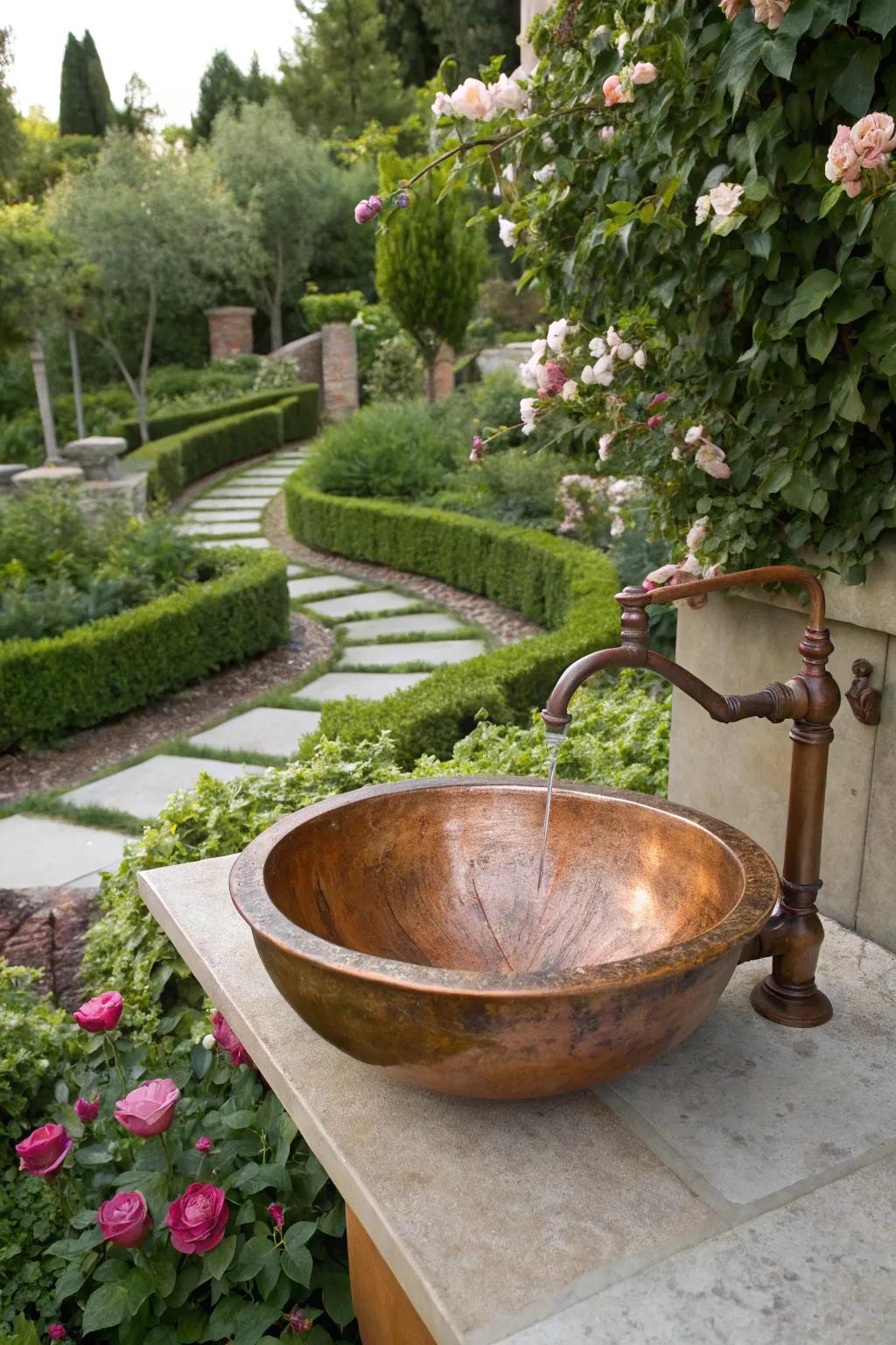 An elegant outdoor sink featuring a rich copper patina.
