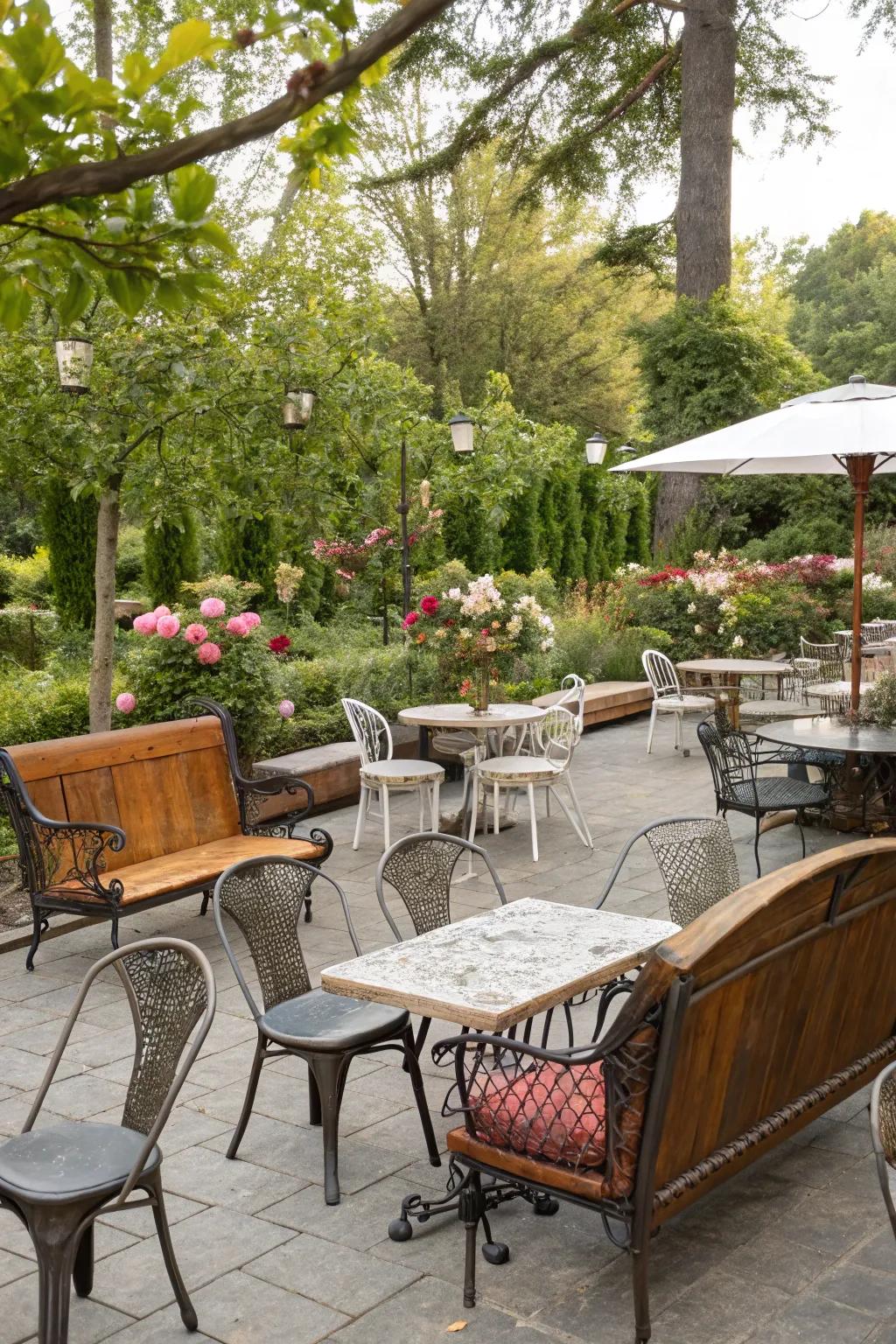 A unique outdoor area with mixed furniture styles.