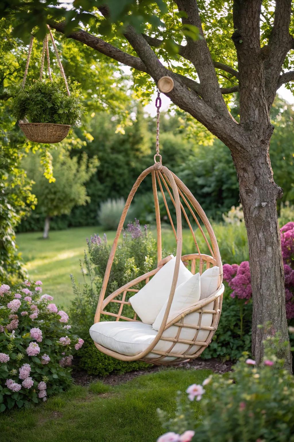 A playful hanging chair providing a unique outdoor seating experience.