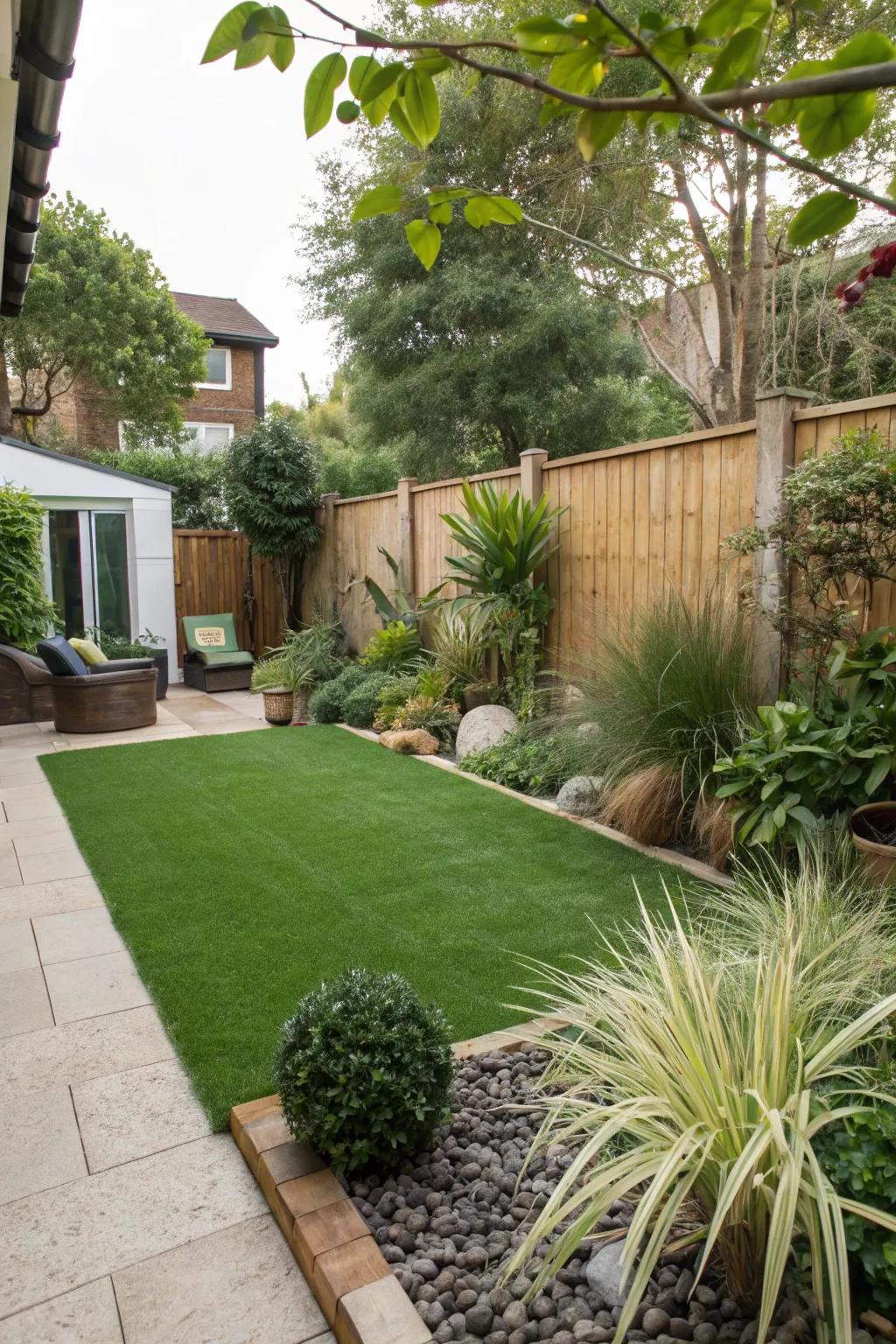Artificial grass provides a lush, low-maintenance lawn alternative.