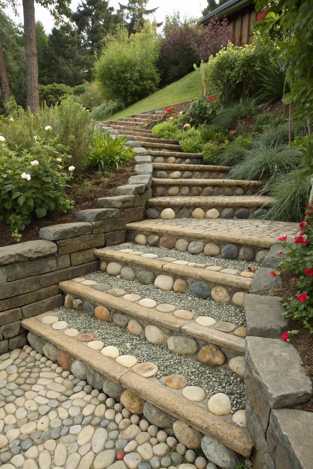 Pebble mosaics add a natural and artistic touch to stair risers.