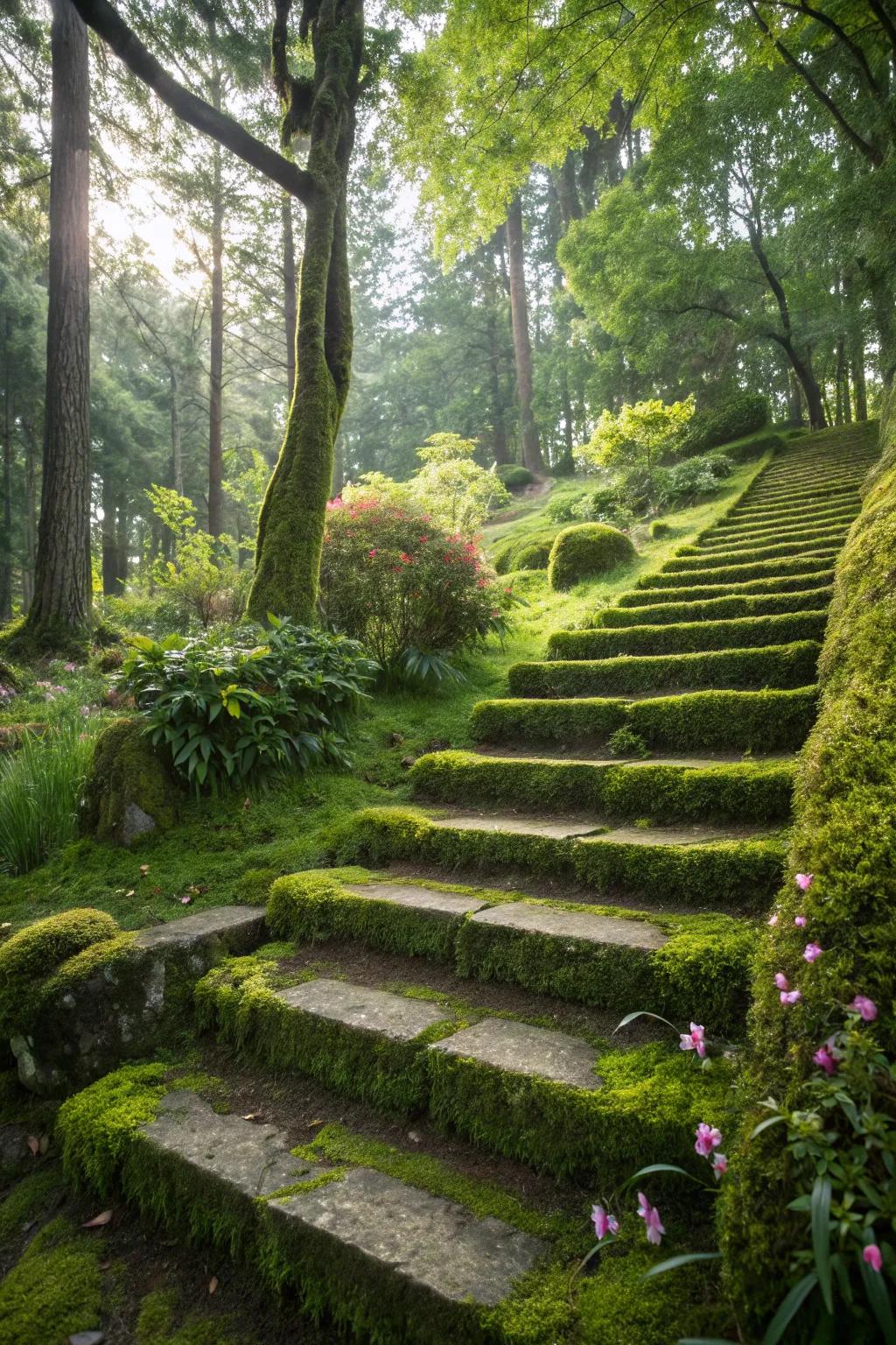 Moss-covered steps create a mystical, enchanting garden path.