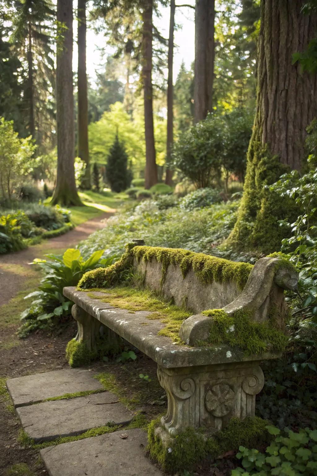A moss-covered stone bench adding natural charm.