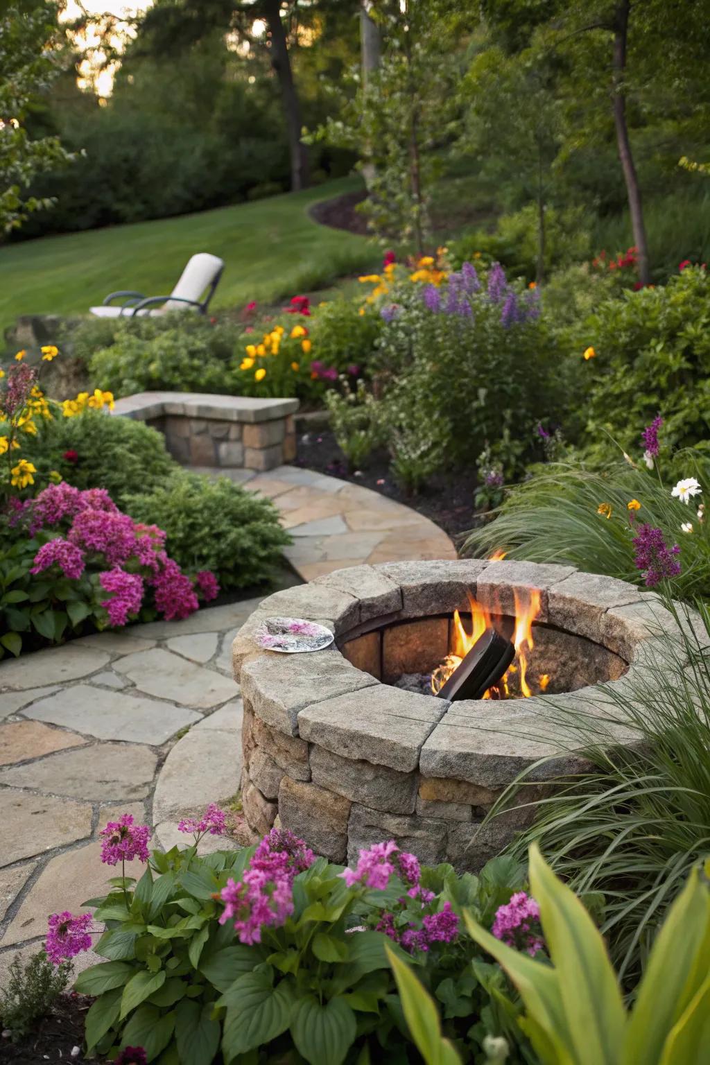 A stone fire pit seamlessly integrated into a lush garden setting.