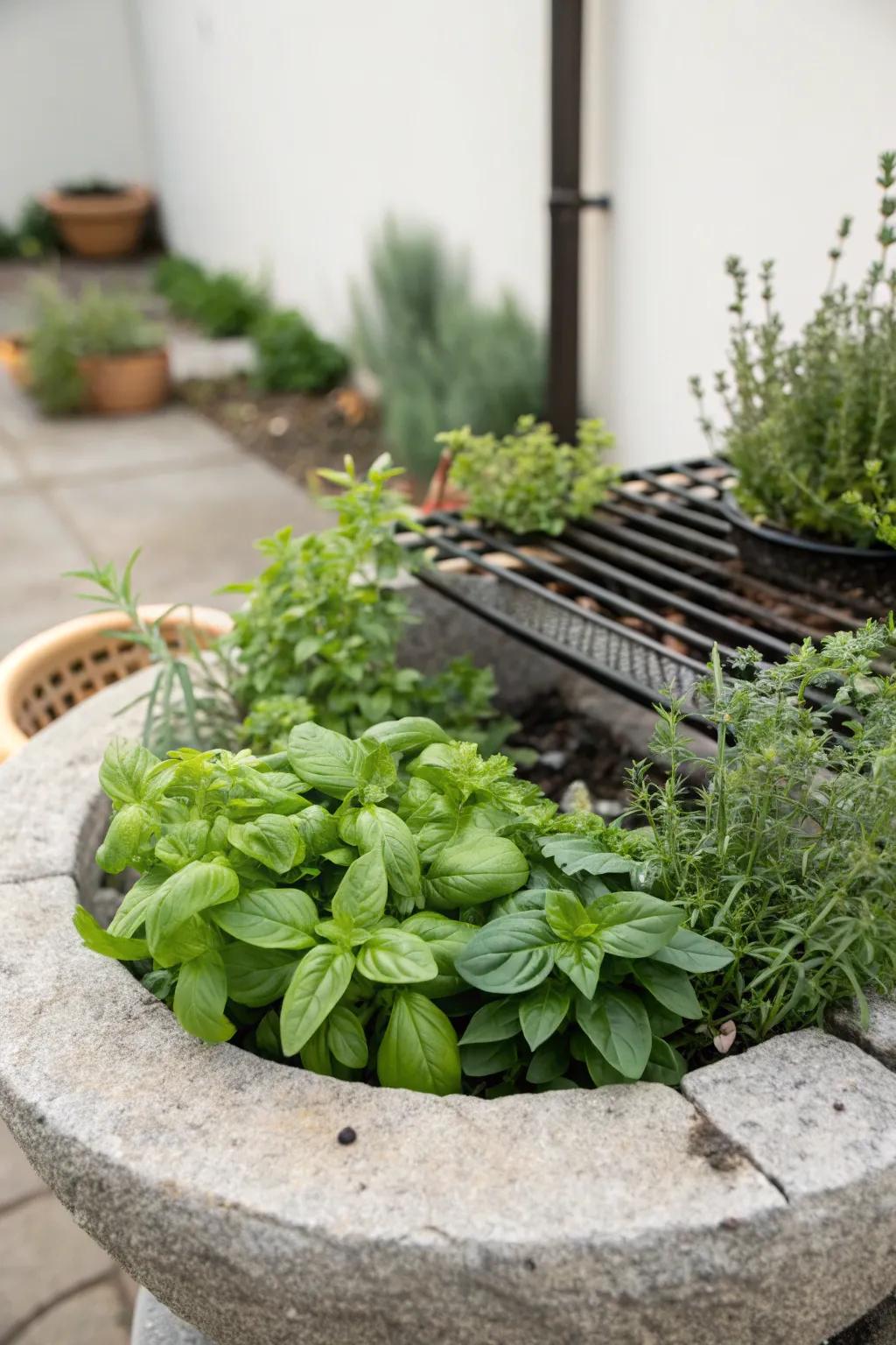 A stone grill with an herb garden for fresh flavor.
